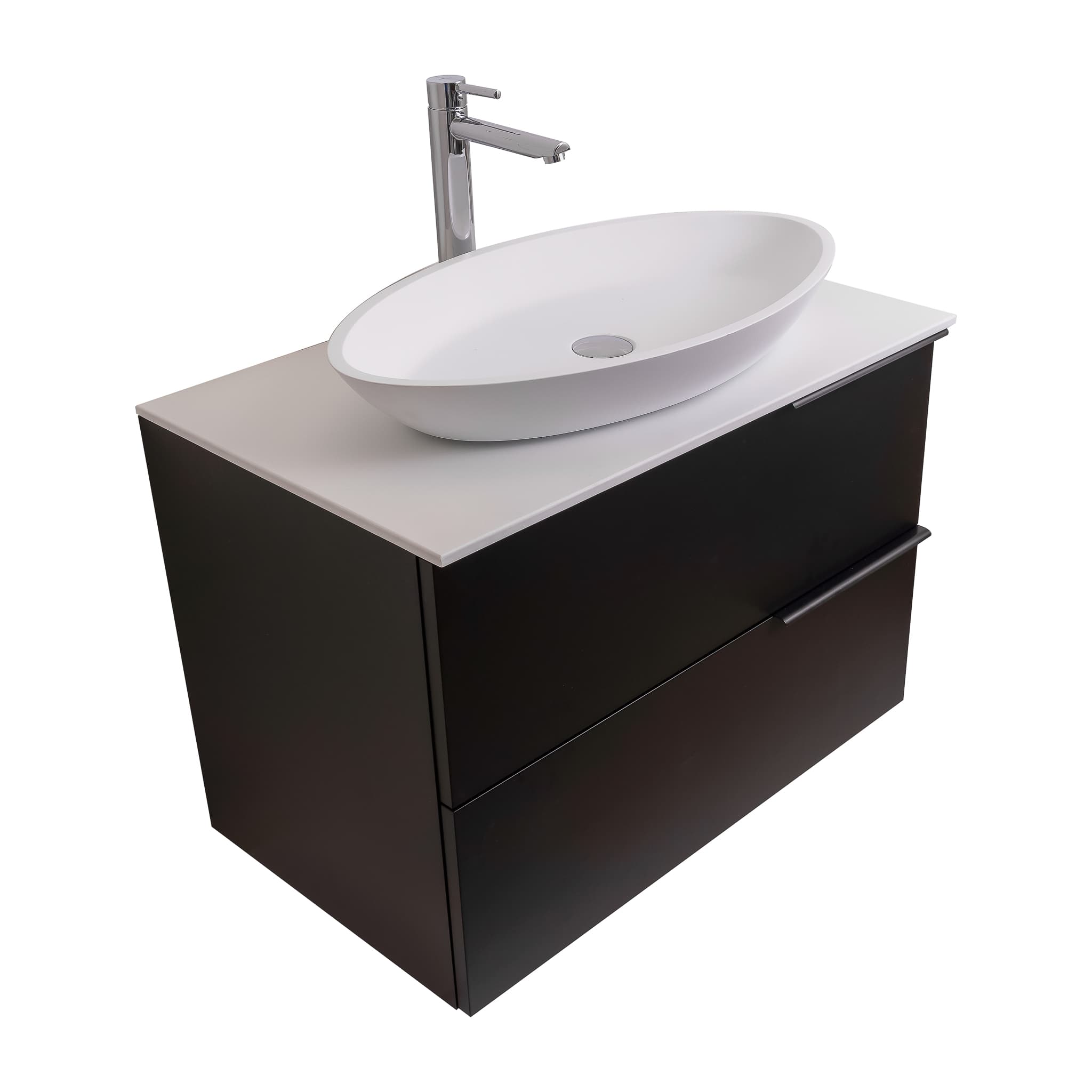 Mallorca 31.5 Matte Black Cabinet, Solid Surface Flat White Counter And Oval Solid Surface White Basin 1305, Wall Mounted Modern Vanity Set