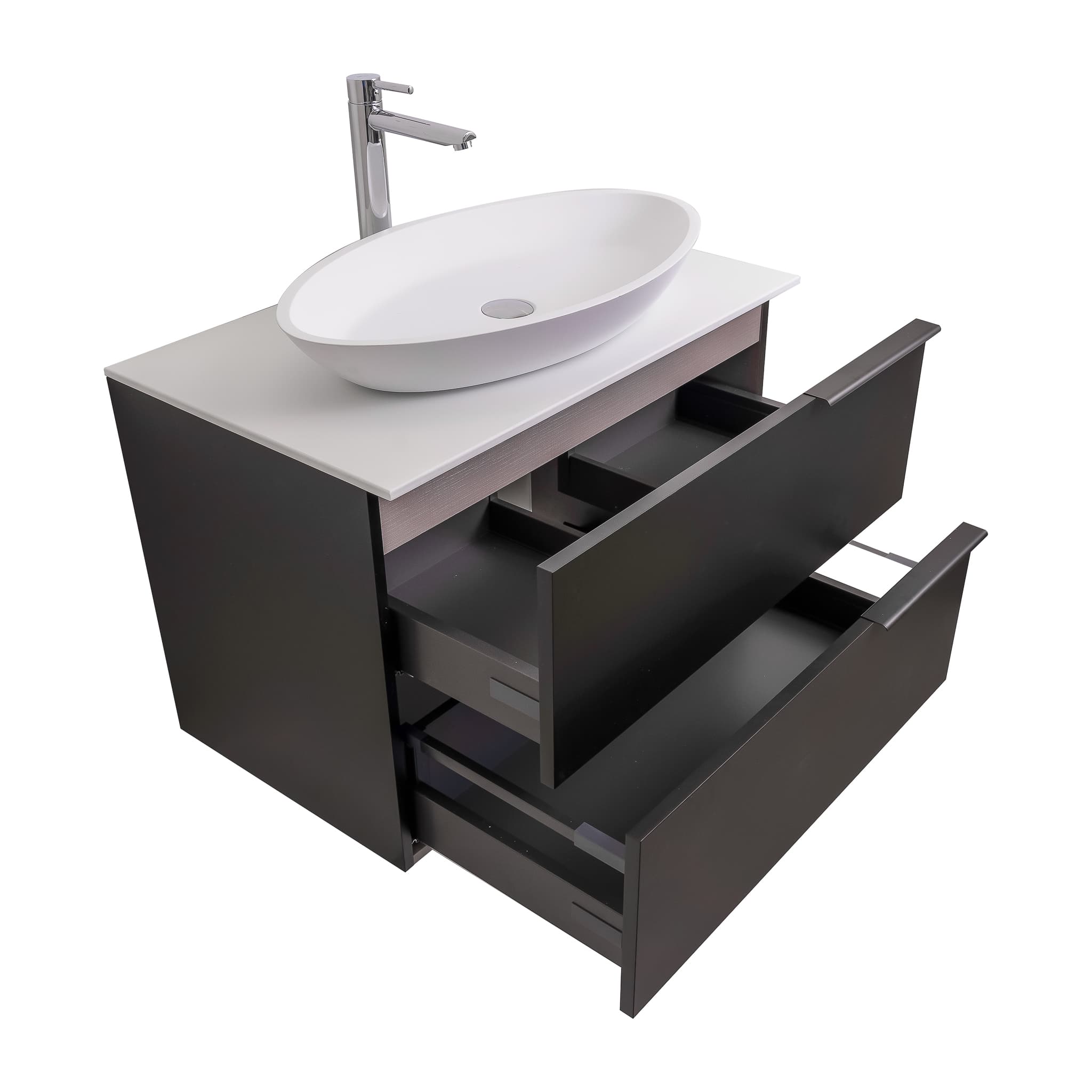 Mallorca 31.5 Matte Black Cabinet, Solid Surface Flat White Counter And Oval Solid Surface White Basin 1305, Wall Mounted Modern Vanity Set