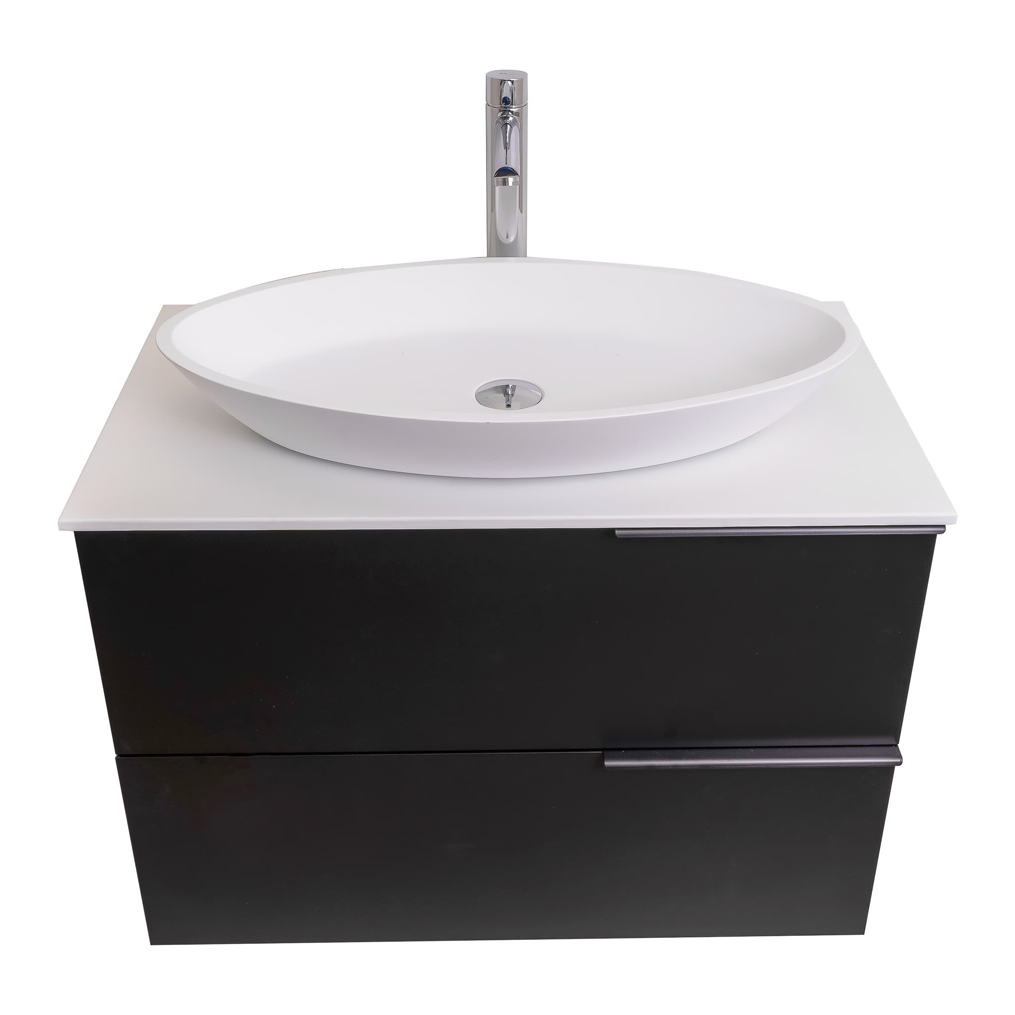 Mallorca 31.5 Matte Black Cabinet, Solid Surface Flat White Counter And Oval Solid Surface White Basin 1305, Wall Mounted Modern Vanity Set