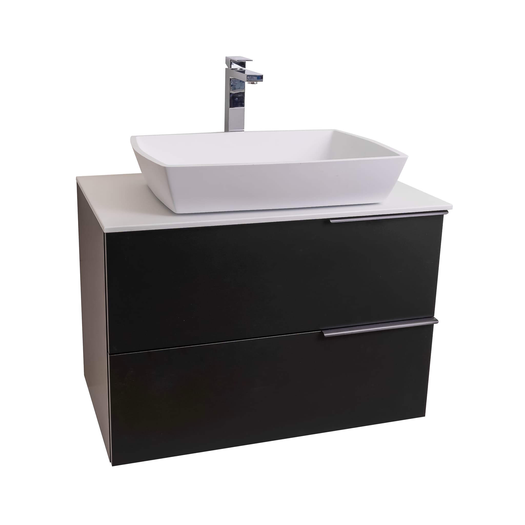 Mallorca 31.5 Matte Black Cabinet, Solid Surface Flat White Counter And Square Solid Surface White Basin 1316, Wall Mounted Modern Vanity Set