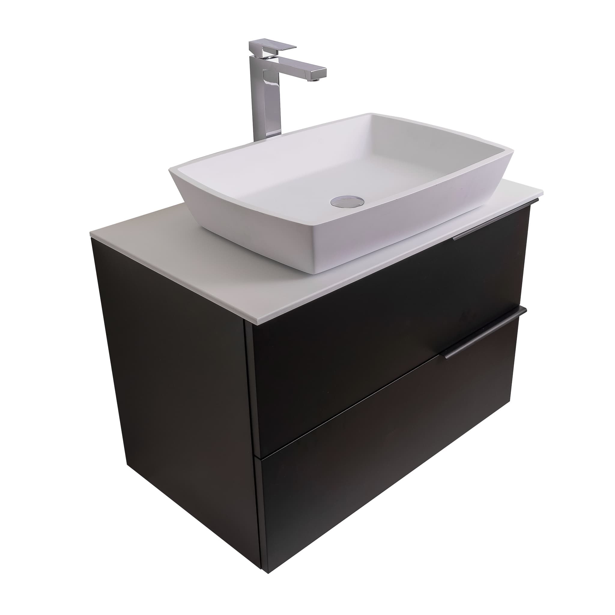 Mallorca 31.5 Matte Black Cabinet, Solid Surface Flat White Counter And Square Solid Surface White Basin 1316, Wall Mounted Modern Vanity Set