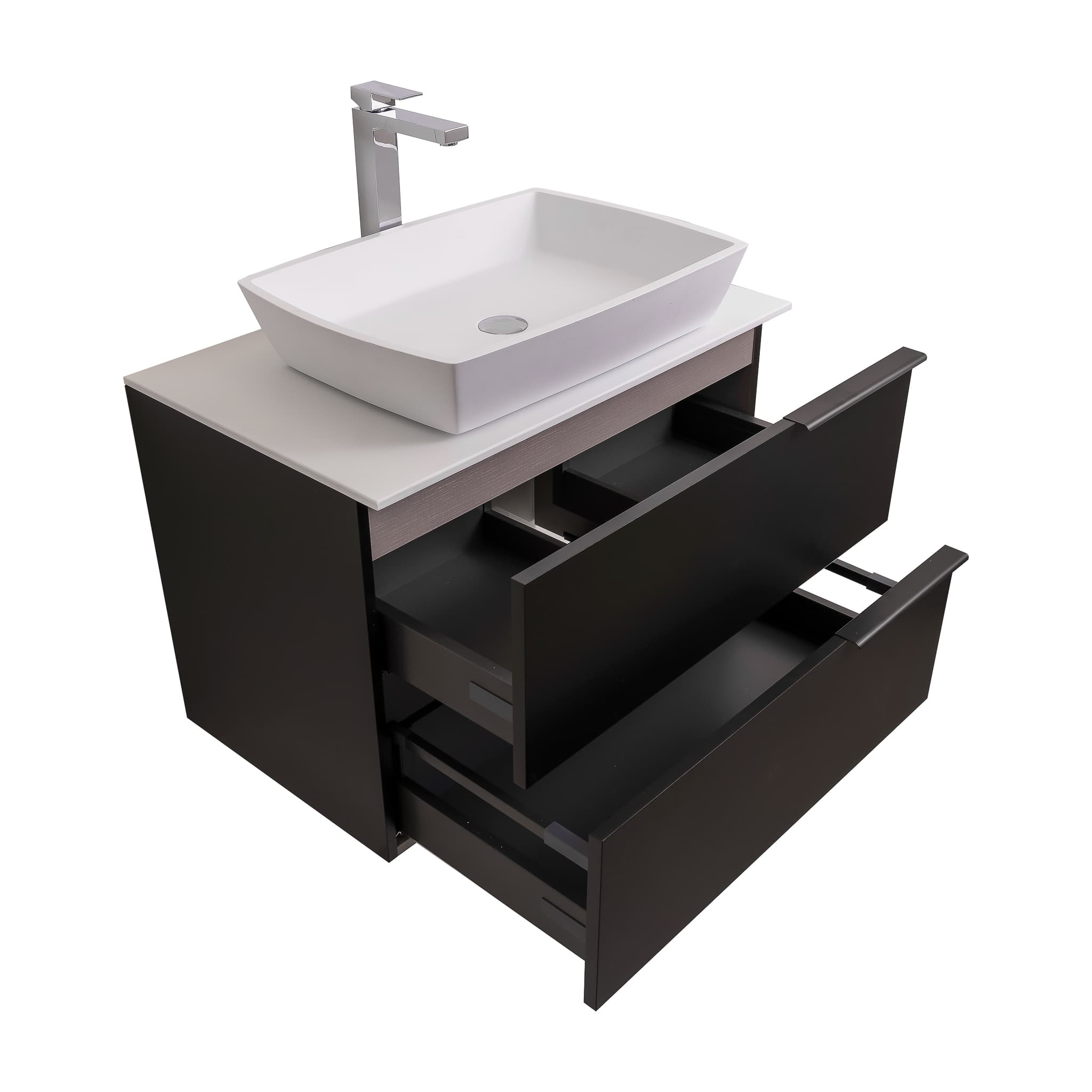 Mallorca 31.5 Matte Black Cabinet, Solid Surface Flat White Counter And Square Solid Surface White Basin 1316, Wall Mounted Modern Vanity Set