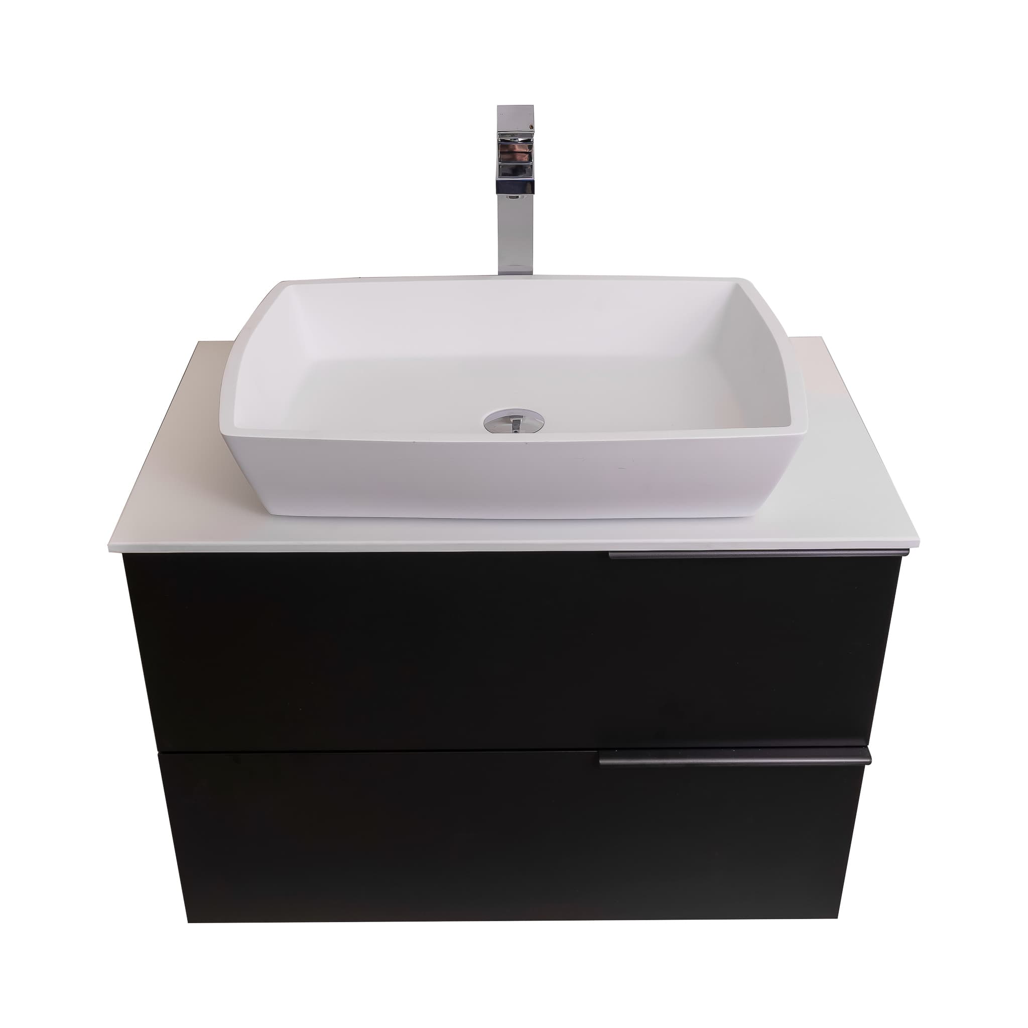 Mallorca 31.5 Matte Black Cabinet, Solid Surface Flat White Counter And Square Solid Surface White Basin 1316, Wall Mounted Modern Vanity Set