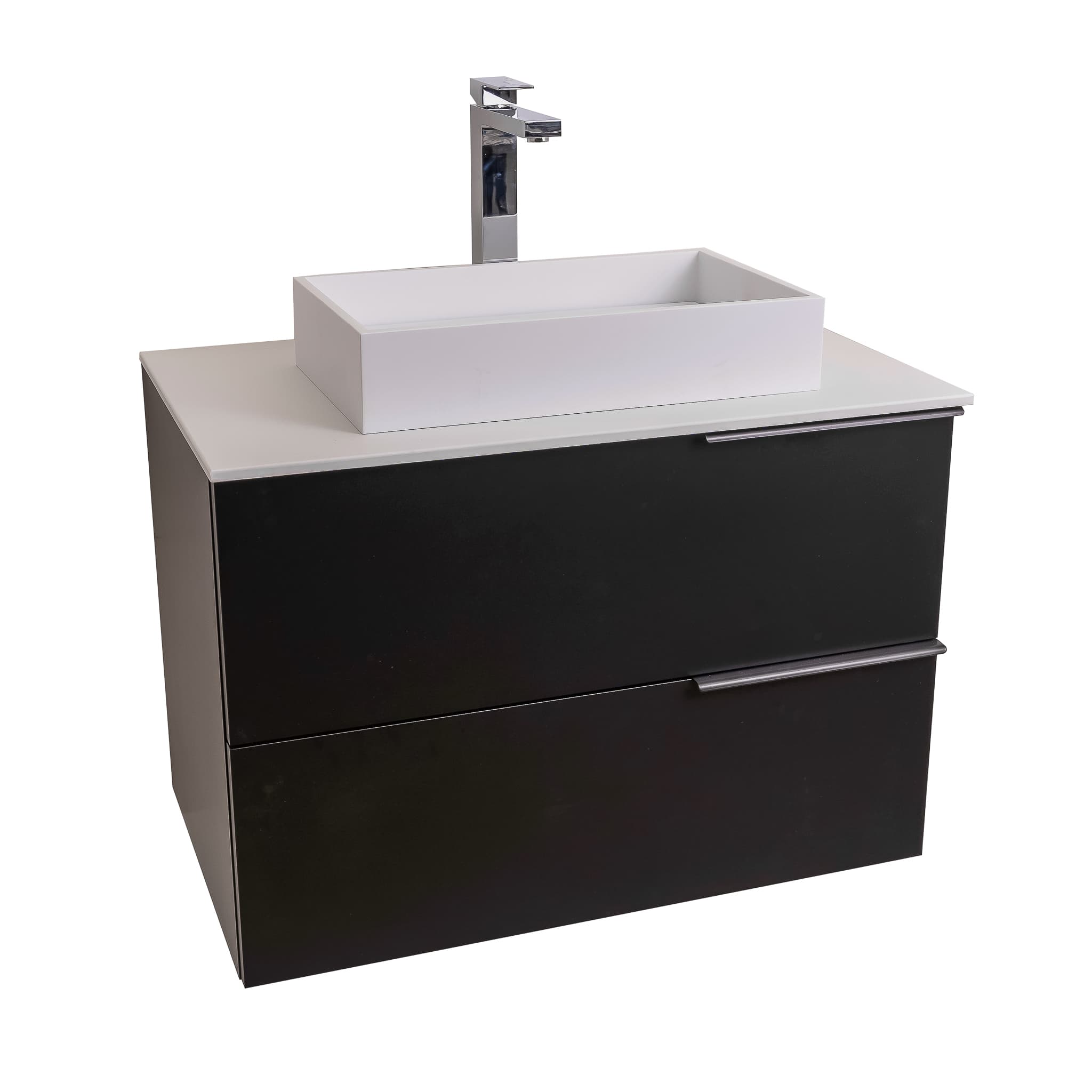 Mallorca 31.5 Matte Black Cabinet, Solid Surface Flat White Counter And Infinity Square Solid Surface White Basin 1329, Wall Mounted Modern Vanity Set