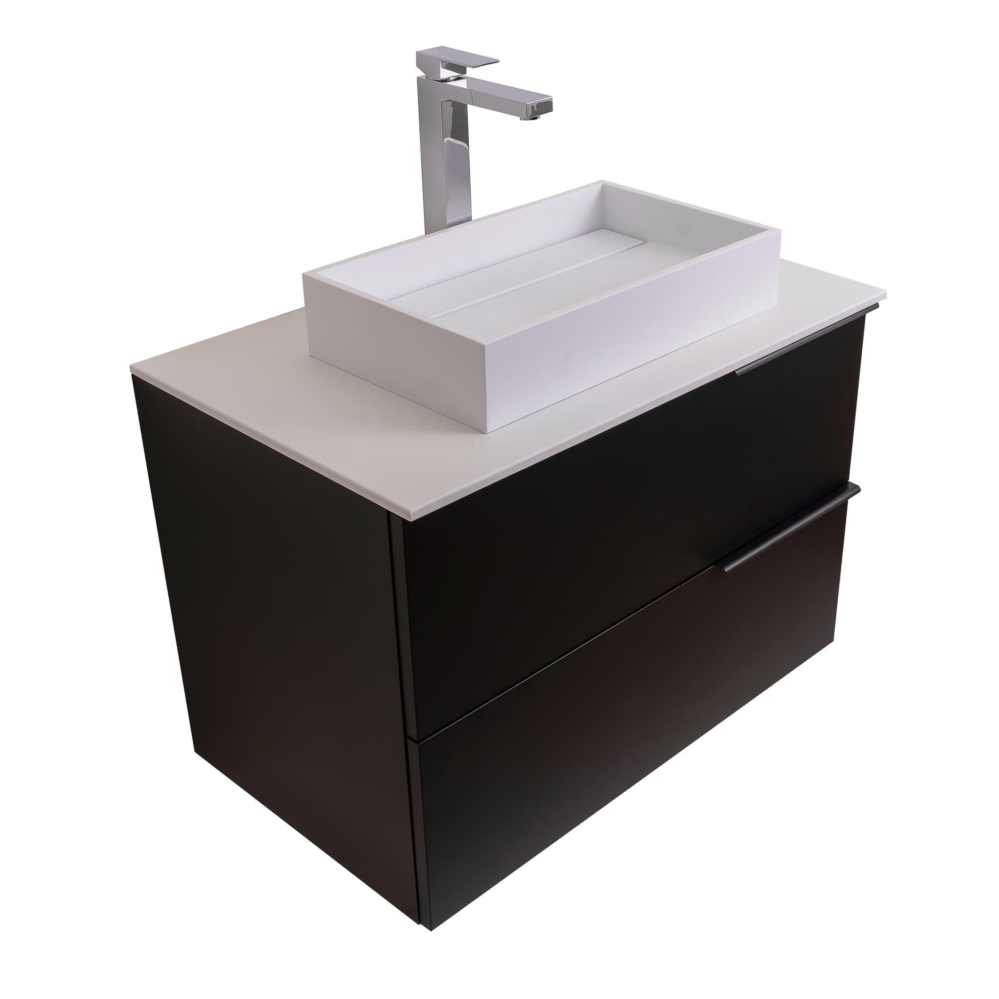 Mallorca 31.5 Matte Black Cabinet, Solid Surface Flat White Counter And Infinity Square Solid Surface White Basin 1329, Wall Mounted Modern Vanity Set