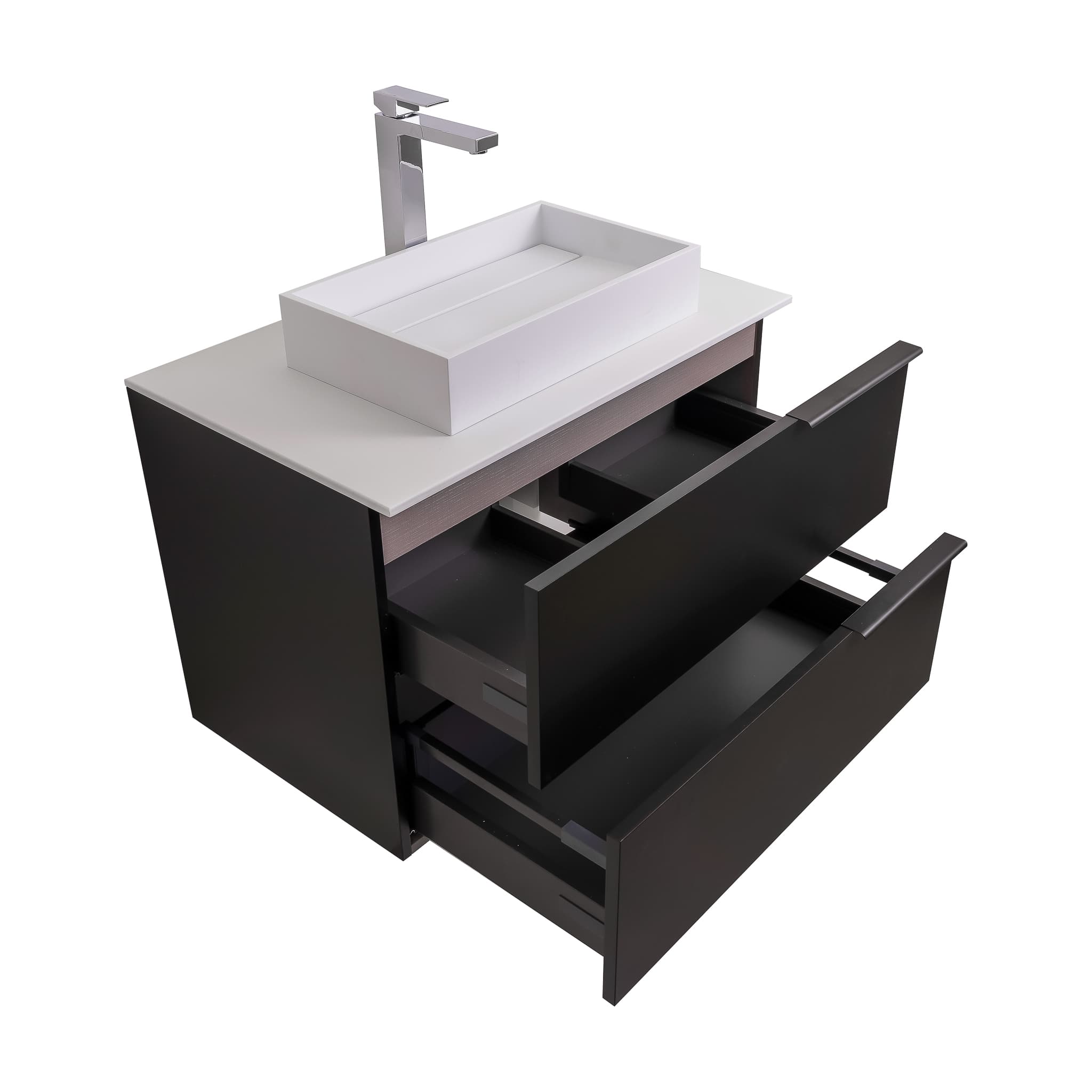 Mallorca 31.5 Matte Black Cabinet, Solid Surface Flat White Counter And Infinity Square Solid Surface White Basin 1329, Wall Mounted Modern Vanity Set