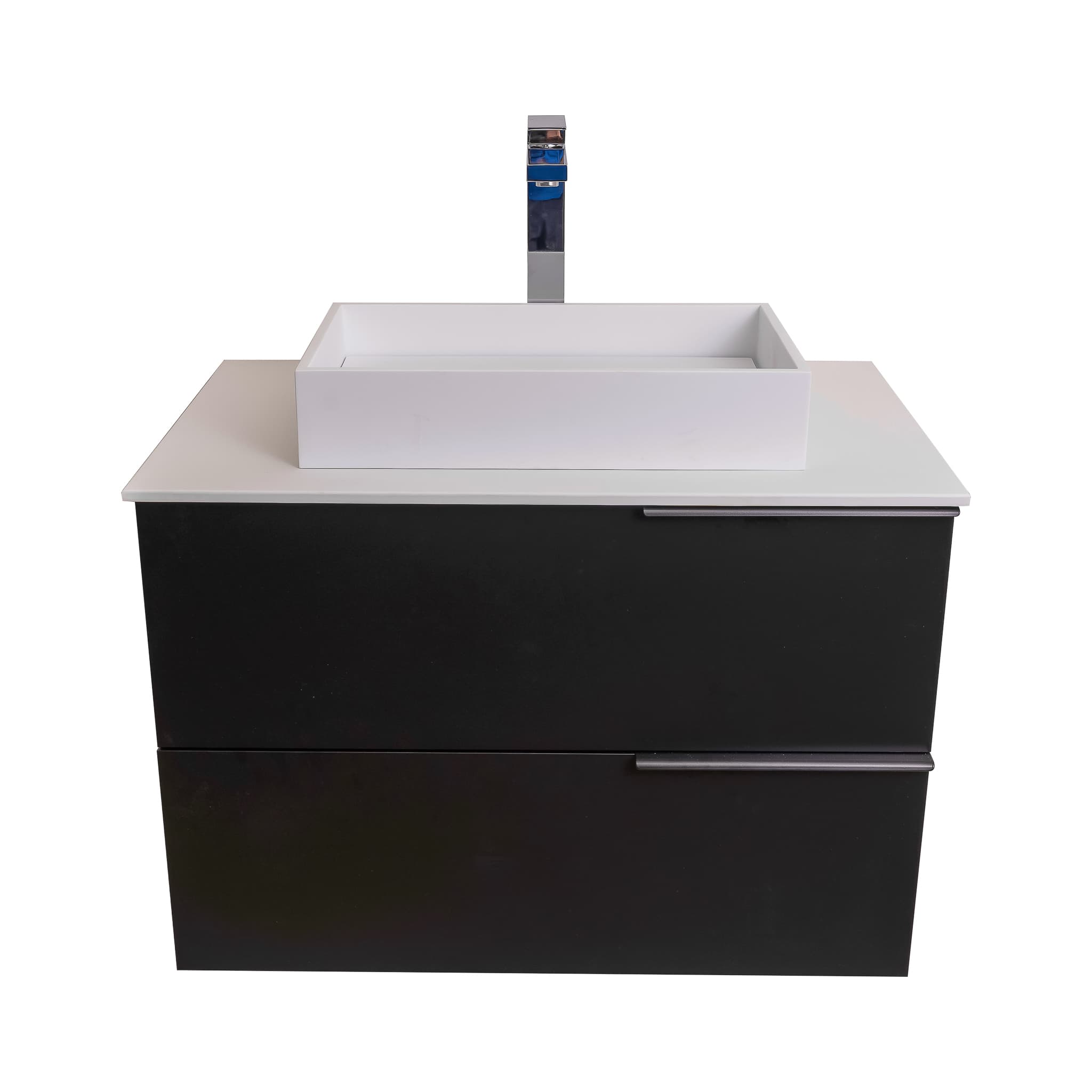 Mallorca 31.5 Matte Black Cabinet, Solid Surface Flat White Counter And Infinity Square Solid Surface White Basin 1329, Wall Mounted Modern Vanity Set