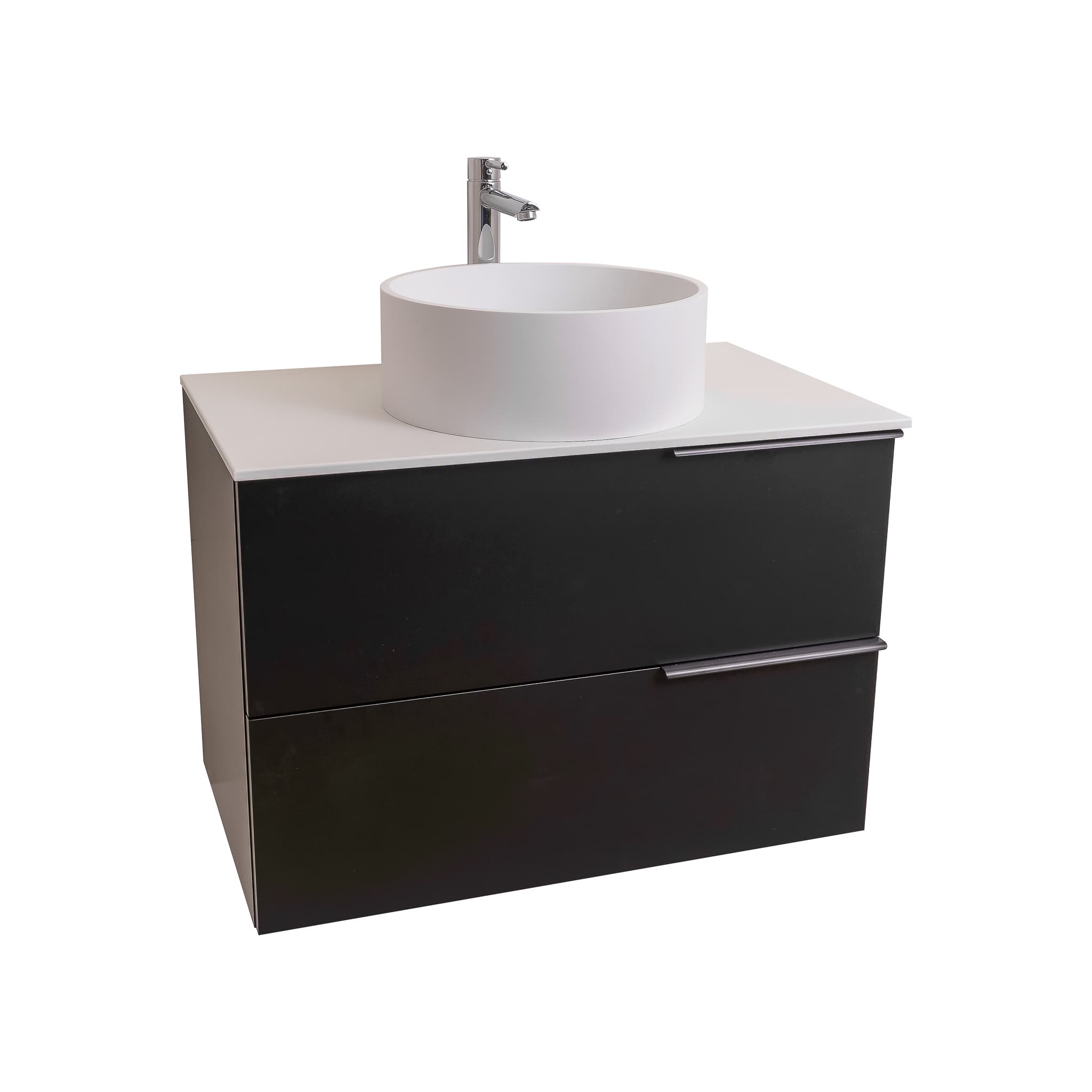 Mallorca 31.5 Matte Black Cabinet, Solid Surface Flat White Counter And Round Solid Surface White Basin 1386, Wall Mounted Modern Vanity Set