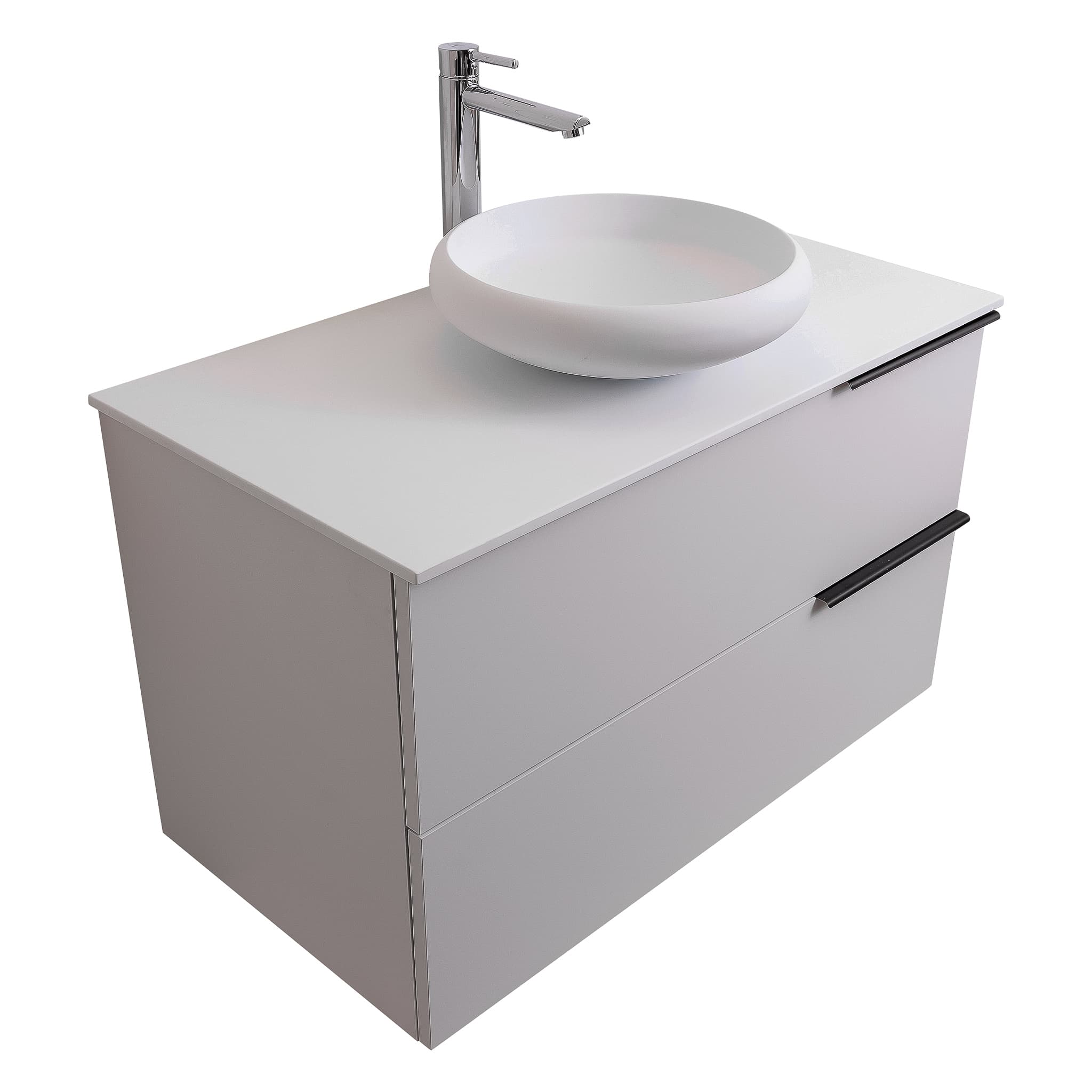 Mallorca 31.5 Matte White Cabinet, Solid Surface Flat White Counter And Round Solid Surface White Basin 1153, Wall Mounted Modern Vanity Set