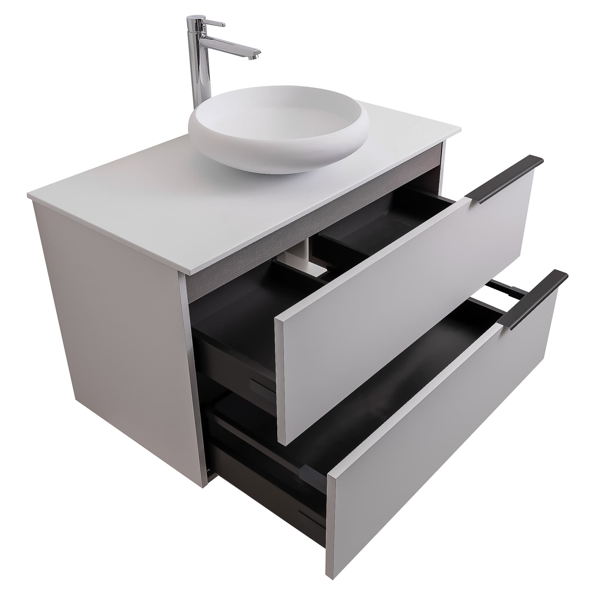 Mallorca 31.5 Matte White Cabinet, Solid Surface Flat White Counter And Round Solid Surface White Basin 1153, Wall Mounted Modern Vanity Set