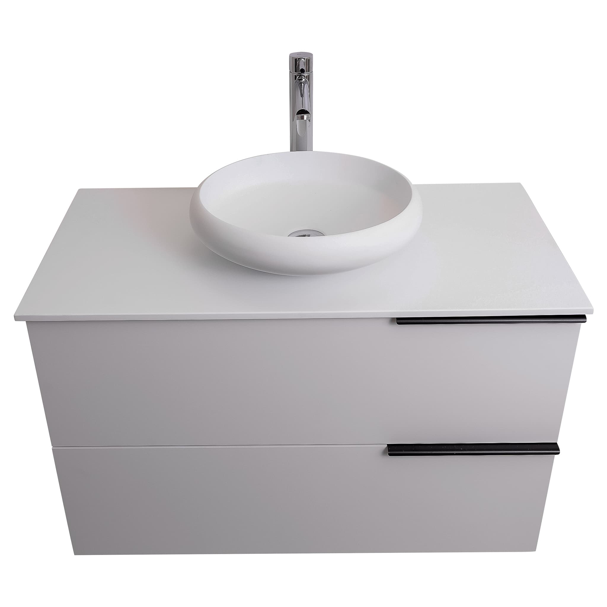 Mallorca 31.5 Matte White Cabinet, Solid Surface Flat White Counter And Round Solid Surface White Basin 1153, Wall Mounted Modern Vanity Set
