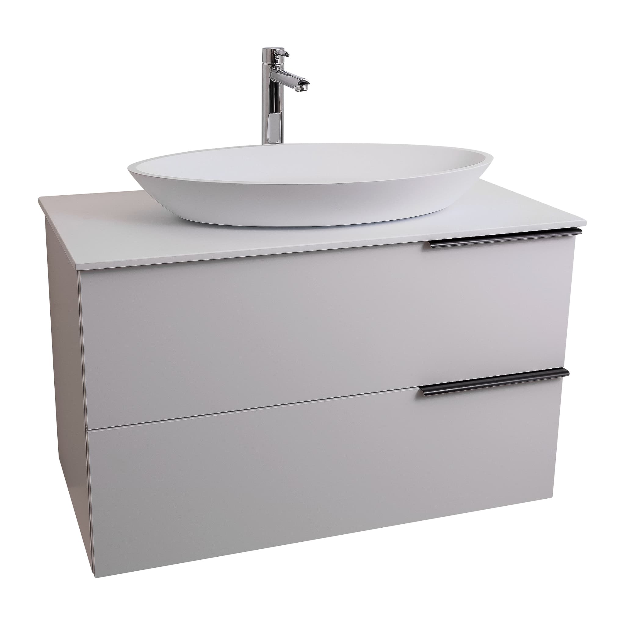 Mallorca 31.5 Matte White Cabinet, Solid Surface Flat White Counter And Oval Solid Surface White Basin 1305, Wall Mounted Modern Vanity Set