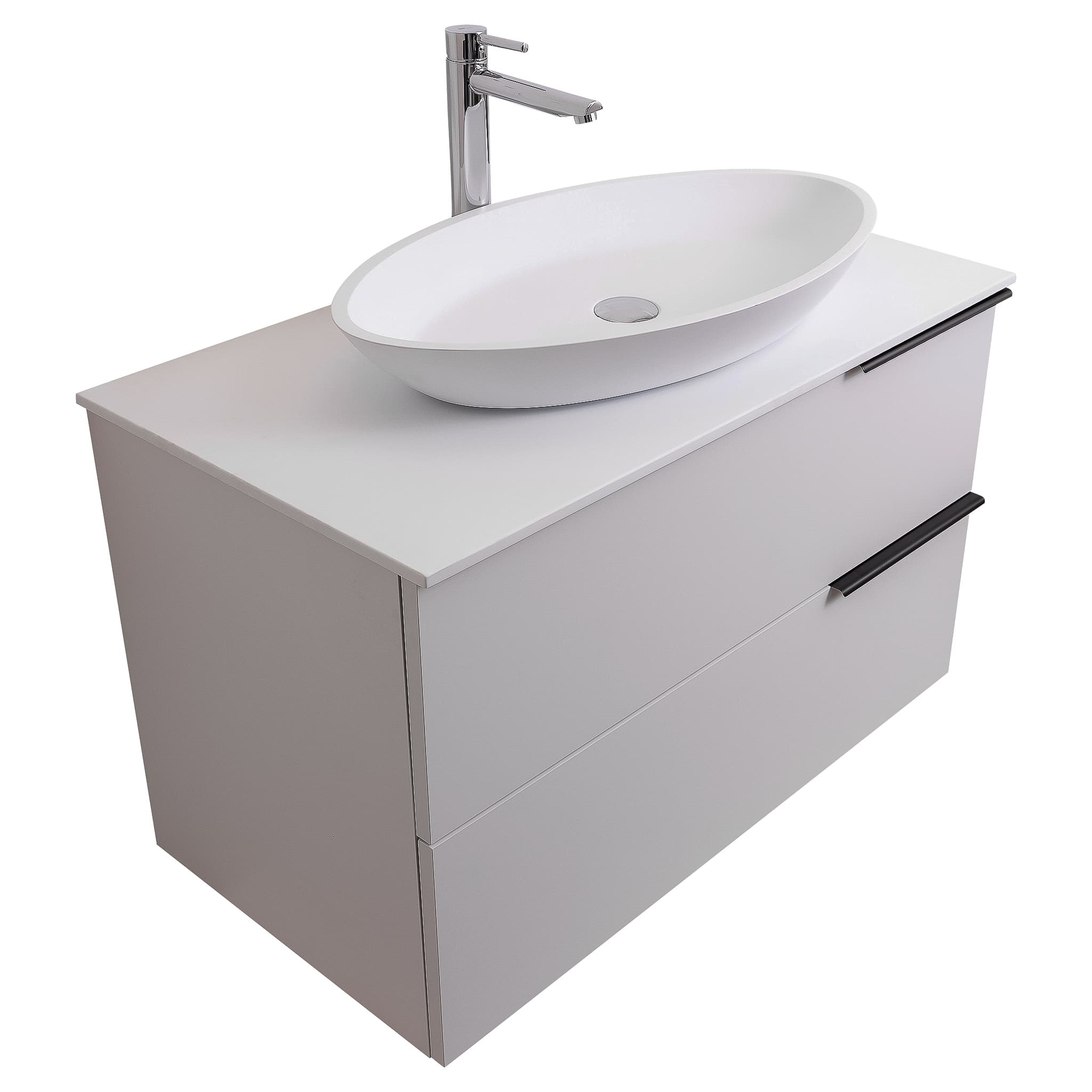 Mallorca 31.5 Matte White Cabinet, Solid Surface Flat White Counter And Oval Solid Surface White Basin 1305, Wall Mounted Modern Vanity Set