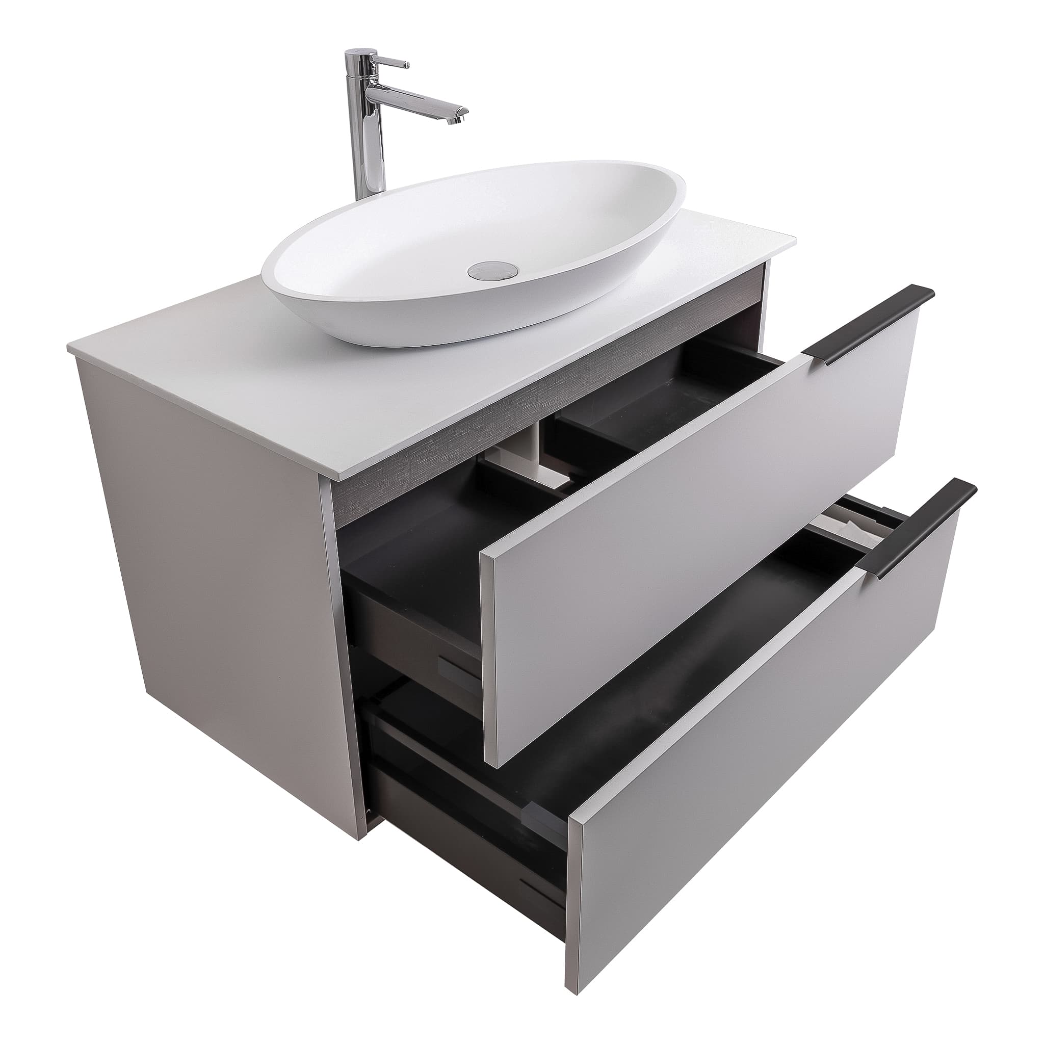 Mallorca 31.5 Matte White Cabinet, Solid Surface Flat White Counter And Oval Solid Surface White Basin 1305, Wall Mounted Modern Vanity Set