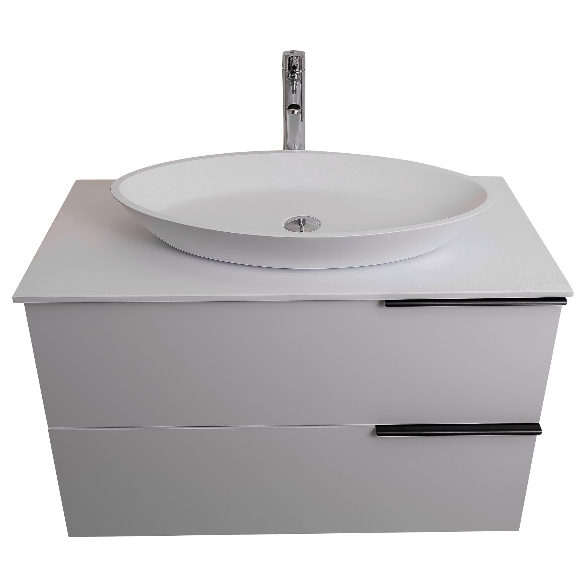 Mallorca 31.5 Matte White Cabinet, Solid Surface Flat White Counter And Oval Solid Surface White Basin 1305, Wall Mounted Modern Vanity Set