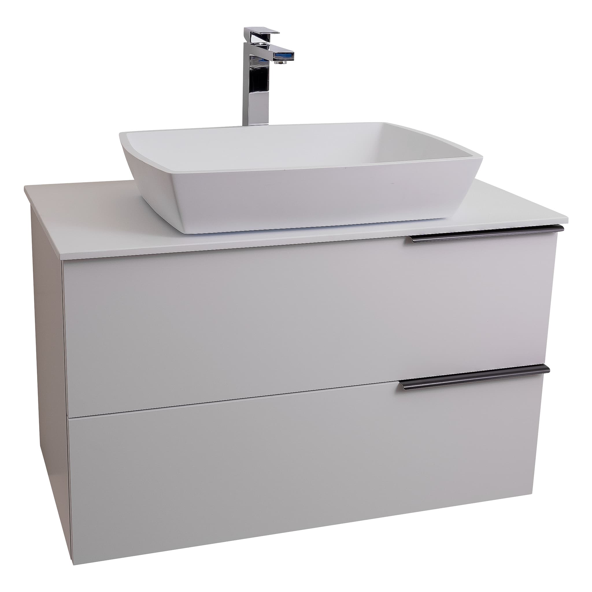 Mallorca 31.5 Matte White Cabinet, Solid Surface Flat White Counter And Square Solid Surface White Basin 1316, Wall Mounted Modern Vanity Set