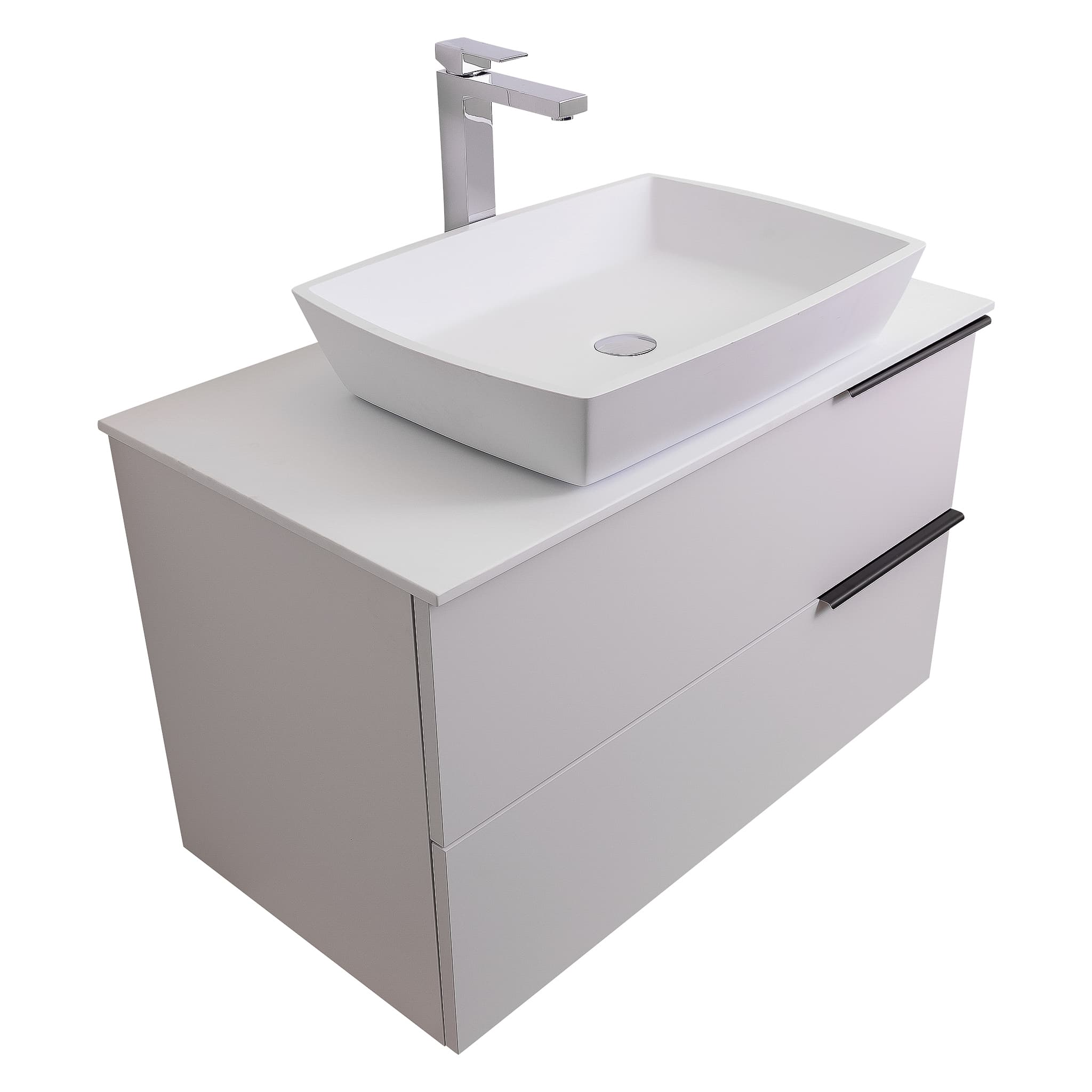 Mallorca 31.5 Matte White Cabinet, Solid Surface Flat White Counter And Square Solid Surface White Basin 1316, Wall Mounted Modern Vanity Set