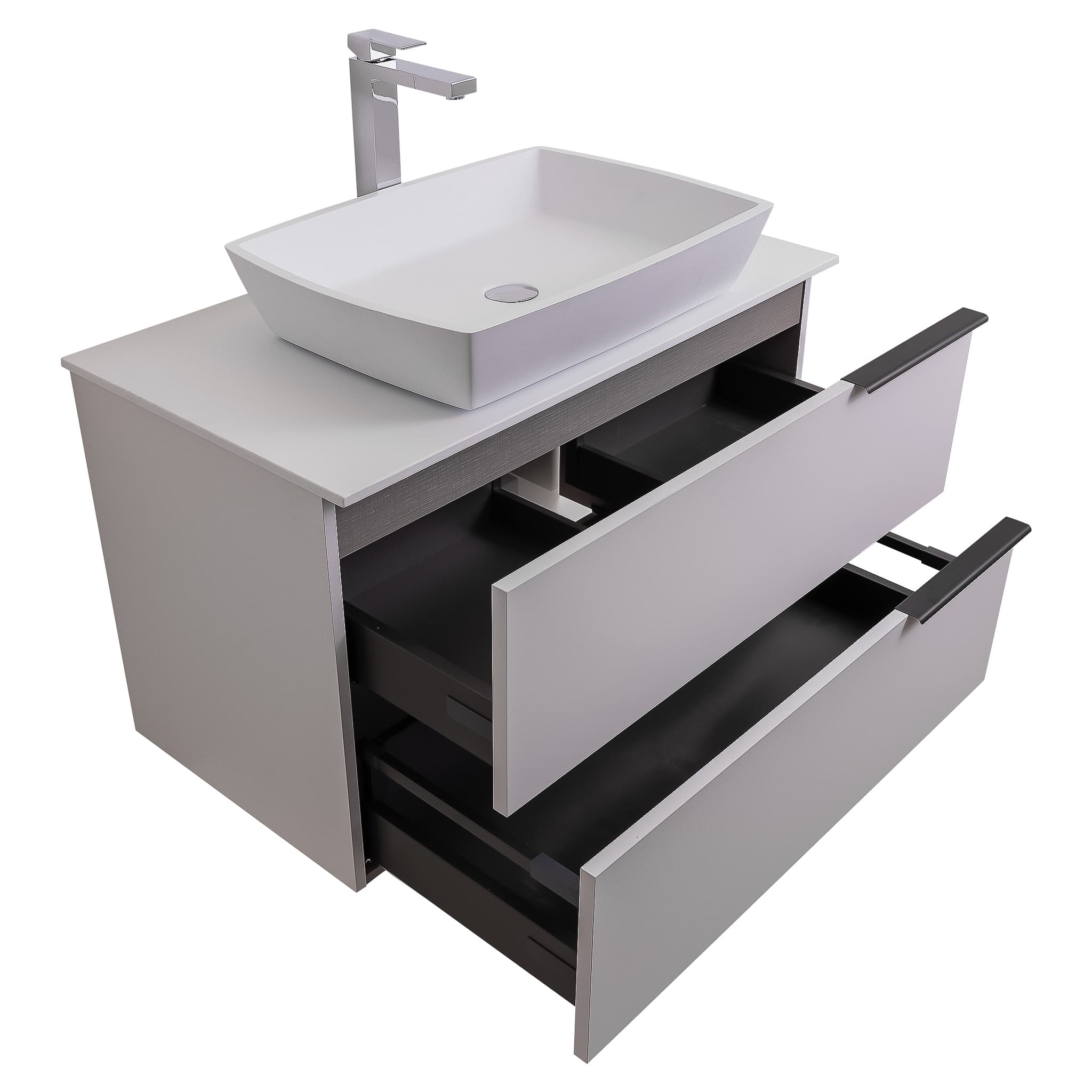 Mallorca 31.5 Matte White Cabinet, Solid Surface Flat White Counter And Square Solid Surface White Basin 1316, Wall Mounted Modern Vanity Set