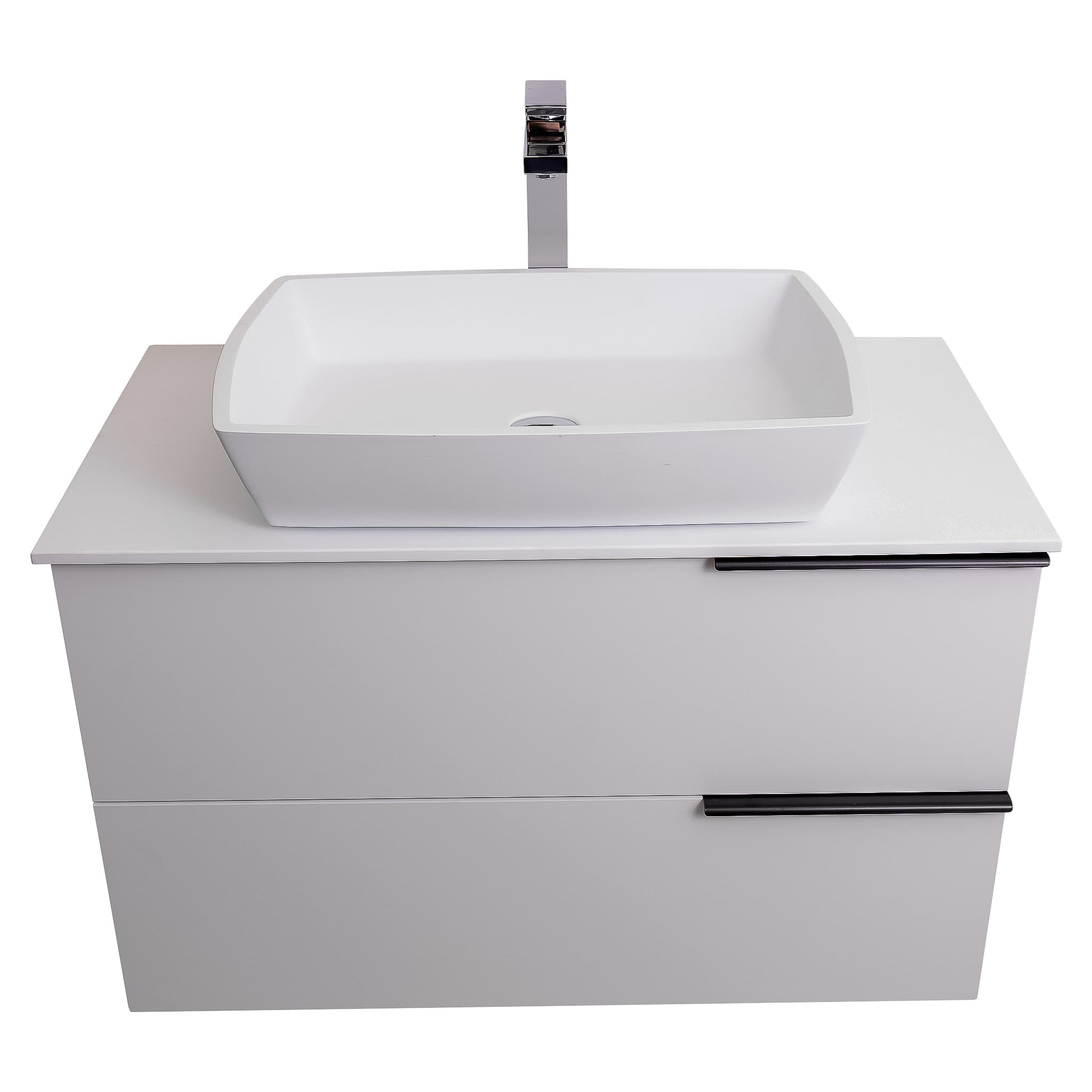 Mallorca 31.5 Matte White Cabinet, Solid Surface Flat White Counter And Square Solid Surface White Basin 1316, Wall Mounted Modern Vanity Set