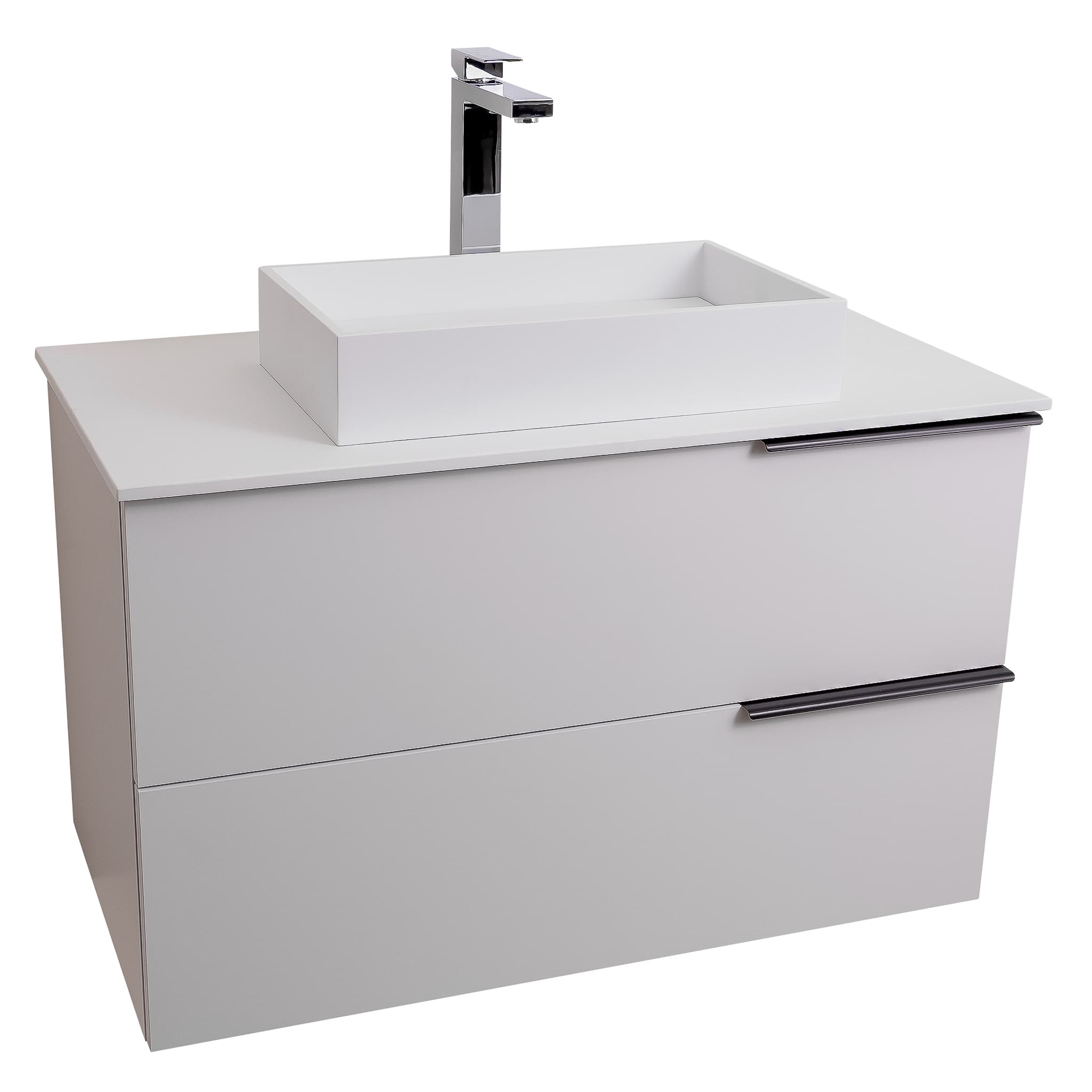 Mallorca 31.5 Matte White Cabinet, Solid Surface Flat White Counter And Infinity Square Solid Surface White Basin 1329, Wall Mounted Modern Vanity Set