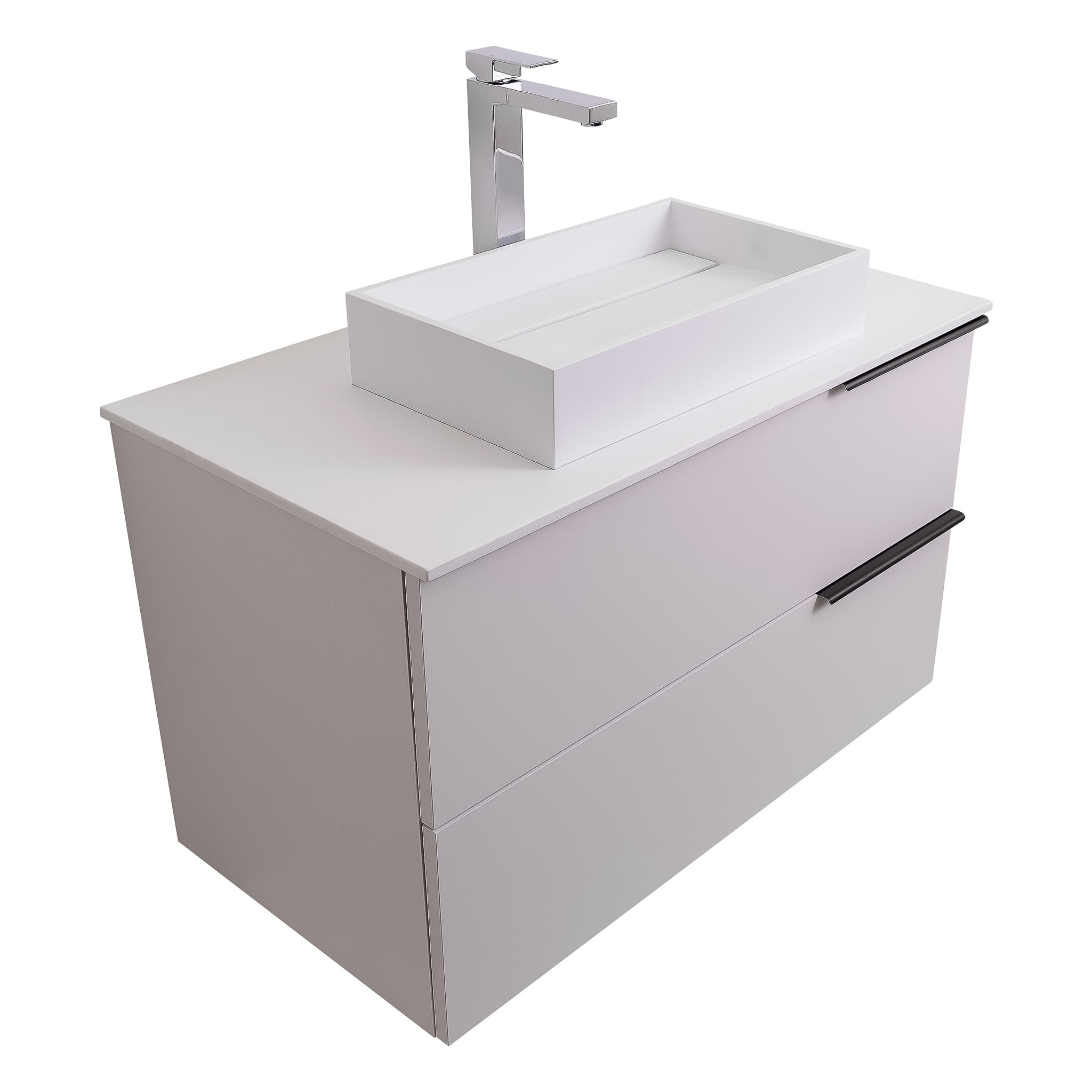 Mallorca 31.5 Matte White Cabinet, Solid Surface Flat White Counter And Infinity Square Solid Surface White Basin 1329, Wall Mounted Modern Vanity Set