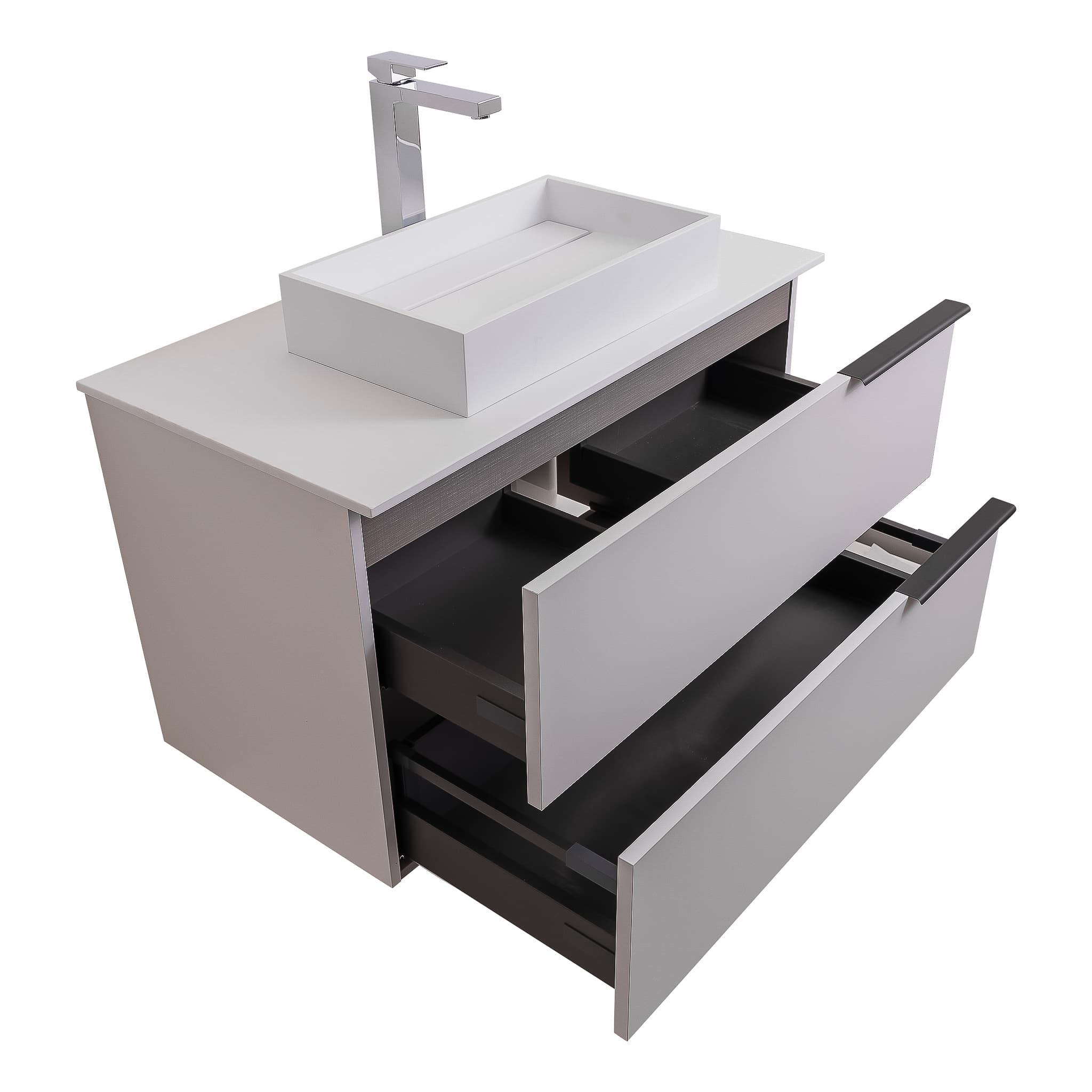 Mallorca 31.5 Matte White Cabinet, Solid Surface Flat White Counter And Infinity Square Solid Surface White Basin 1329, Wall Mounted Modern Vanity Set
