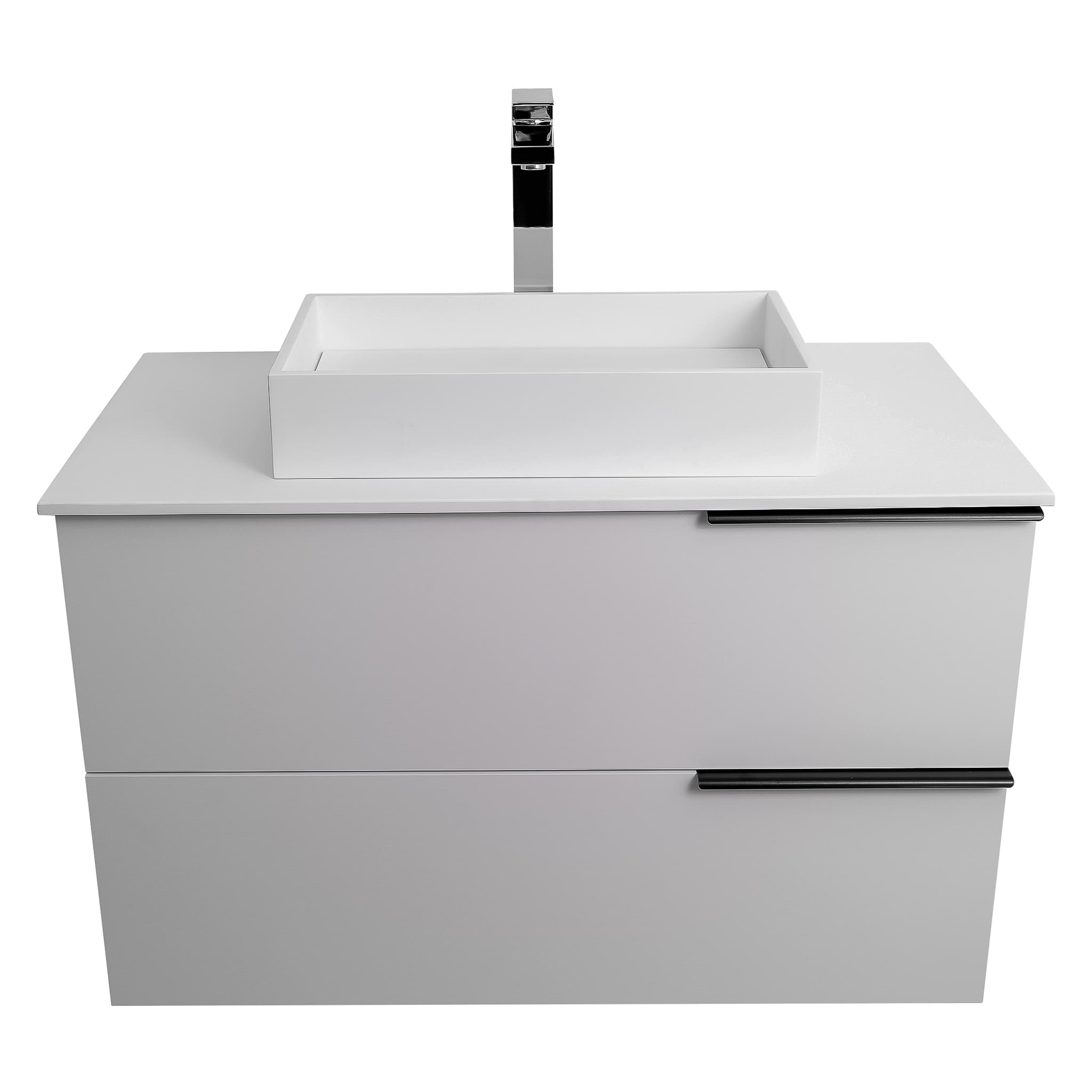 Mallorca 31.5 Matte White Cabinet, Solid Surface Flat White Counter And Infinity Square Solid Surface White Basin 1329, Wall Mounted Modern Vanity Set