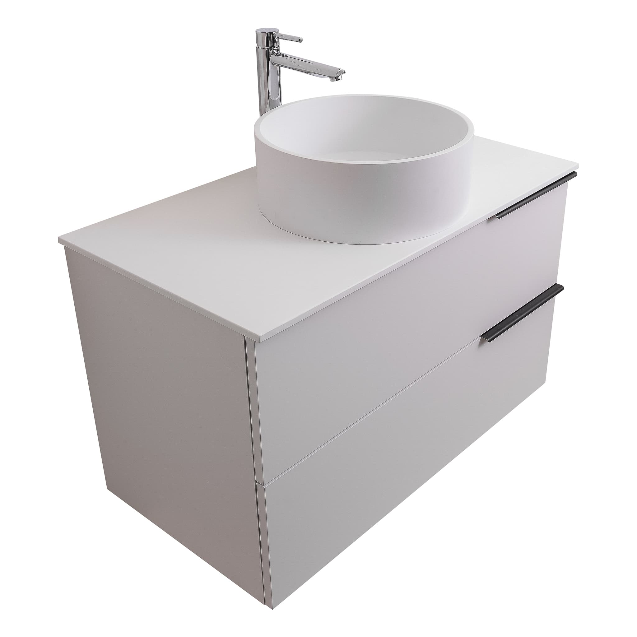 Mallorca 31.5 Matte White Cabinet, Solid Surface Flat White Counter And Round Solid Surface White Basin 1386, Wall Mounted Modern Vanity Set