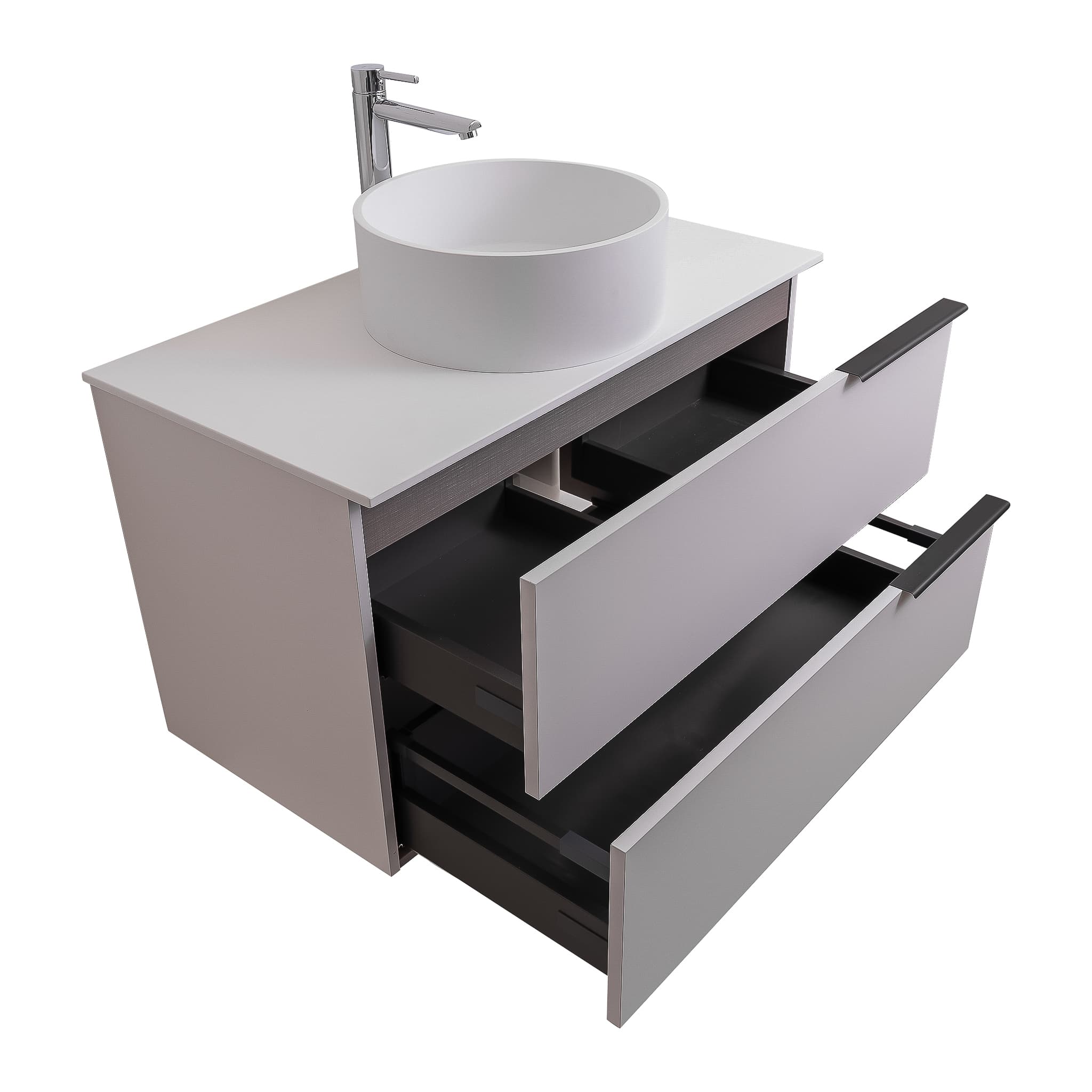 Mallorca 31.5 Matte White Cabinet, Solid Surface Flat White Counter And Round Solid Surface White Basin 1386, Wall Mounted Modern Vanity Set