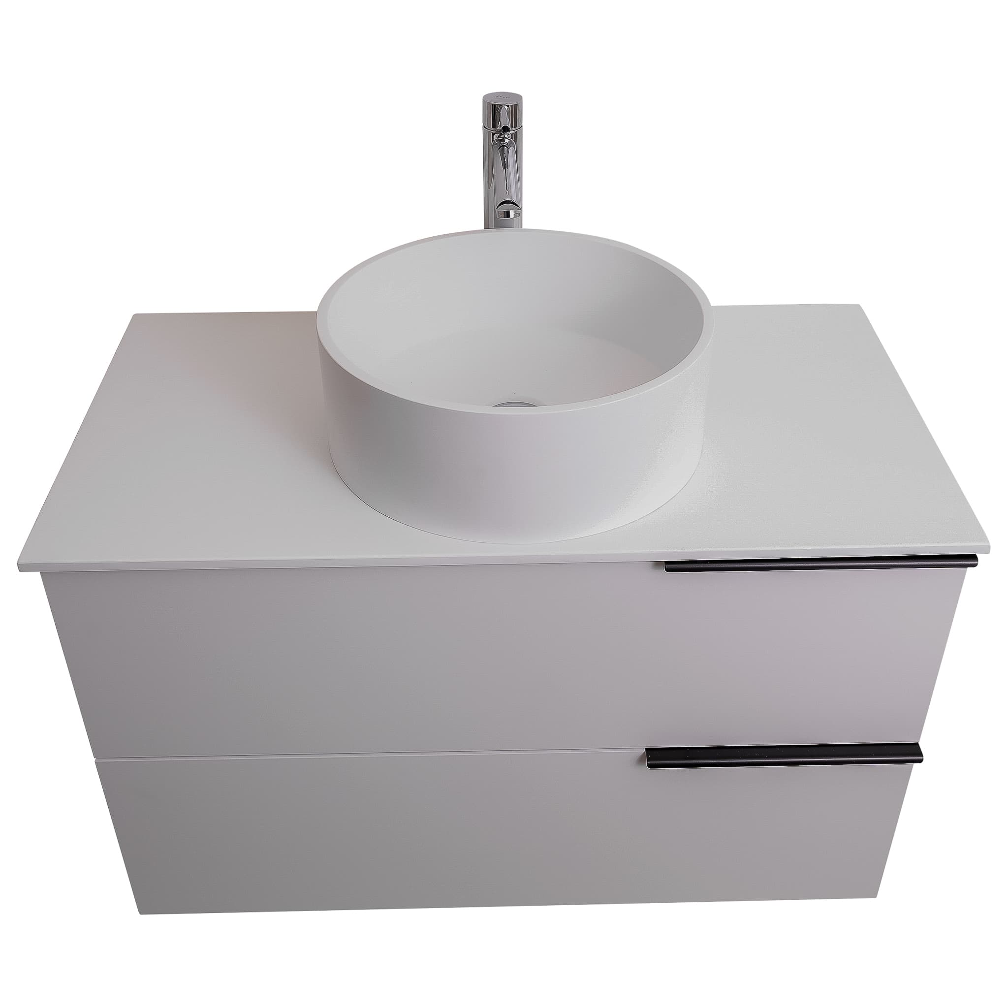 Mallorca 31.5 Matte White Cabinet, Solid Surface Flat White Counter And Round Solid Surface White Basin 1386, Wall Mounted Modern Vanity Set