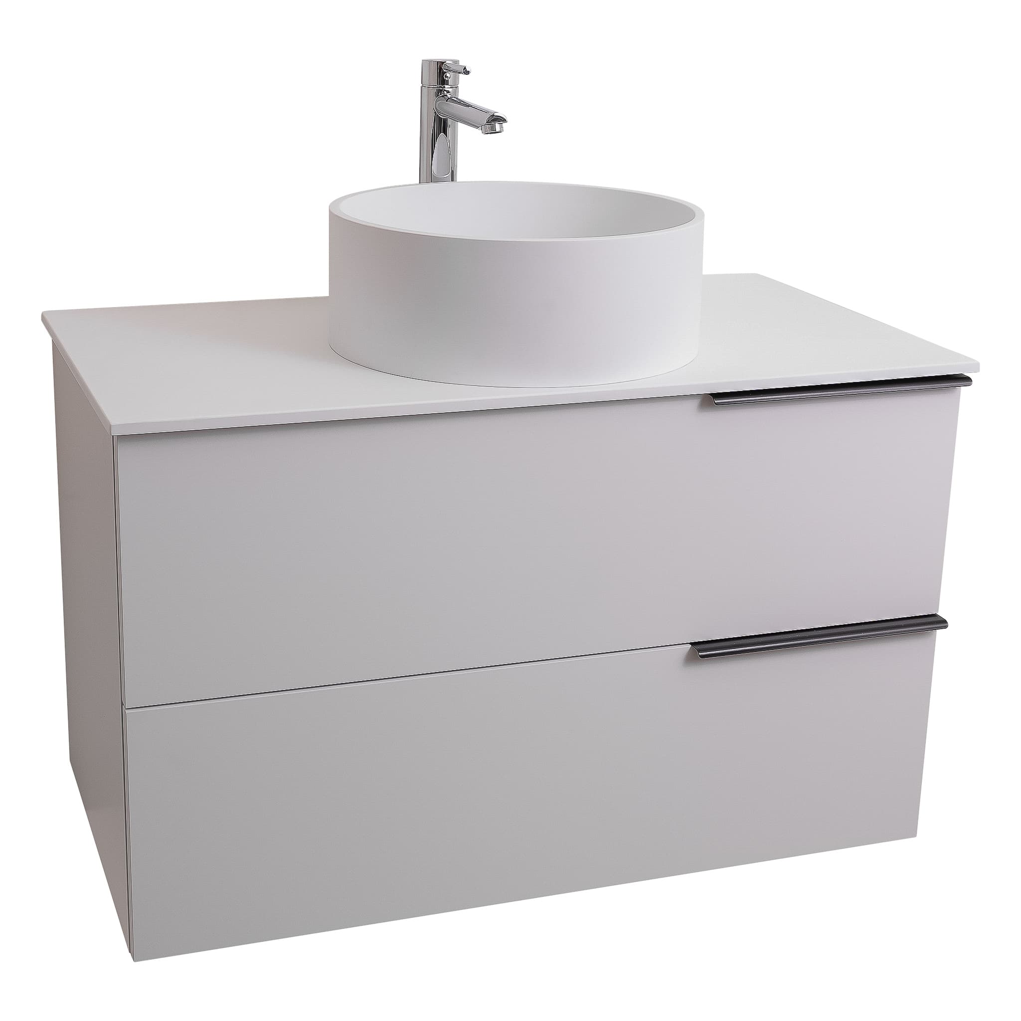Mallorca 35.5 Matte White Cabinet, Solid Surface Flat White Counter And Round Solid Surface White Basin 1386, Wall Mounted Modern Vanity Set