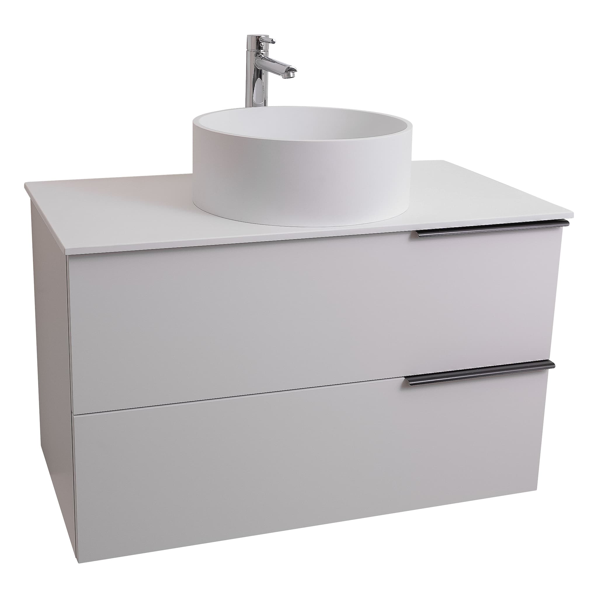 Mallorca 35.5 Matte White Cabinet, Solid Surface Flat White Counter And Round Solid Surface White Basin 1386, Wall Mounted Modern Vanity Set Bath Trends USA