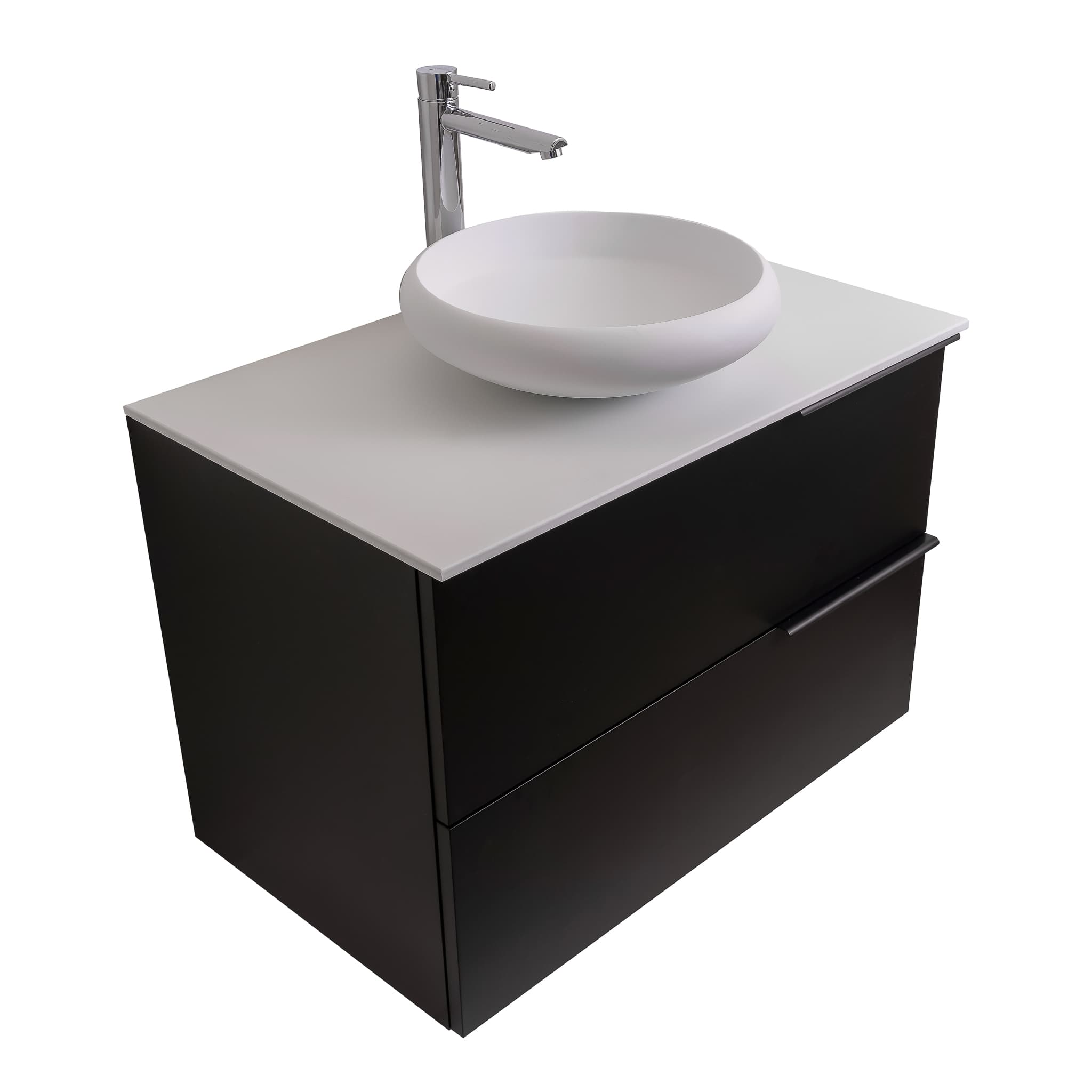 Mallorca 39.5 Matte Black Cabinet, Solid Surface Flat White Counter And Round Solid Surface White Basin 1153, Wall Mounted Modern Vanity Set