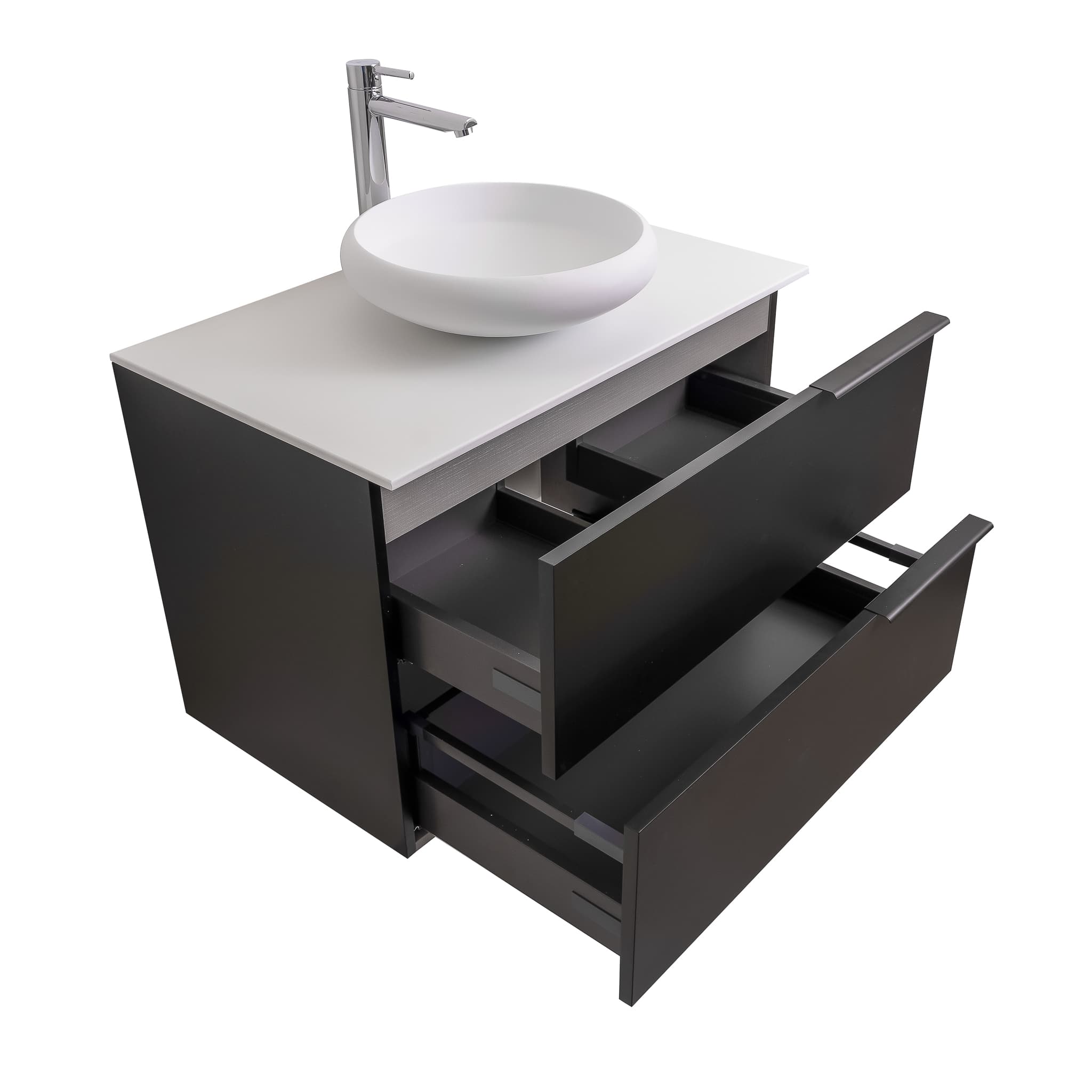 Mallorca 39.5 Matte Black Cabinet, Solid Surface Flat White Counter And Round Solid Surface White Basin 1153, Wall Mounted Modern Vanity Set