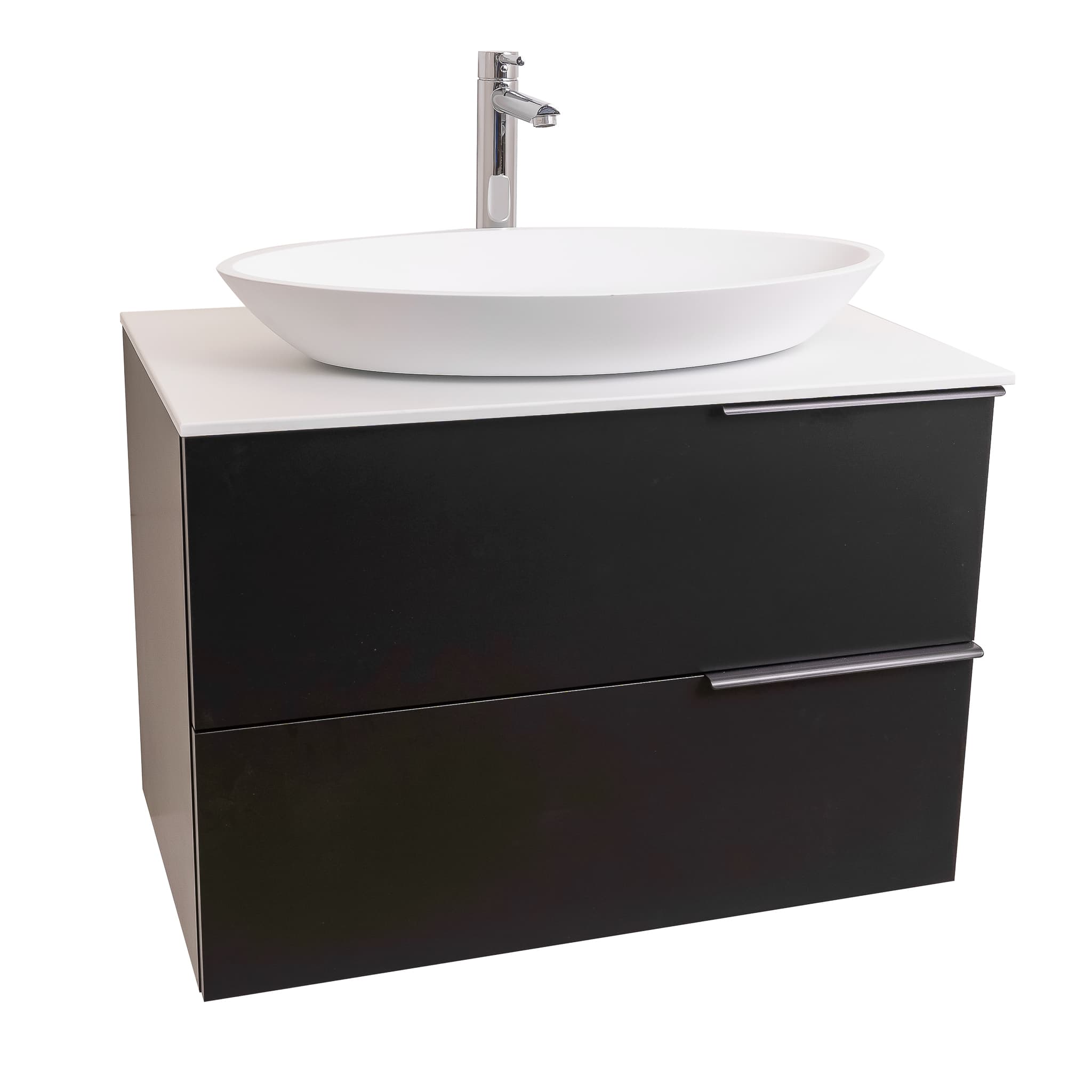 Mallorca 39.5 Matte Black Cabinet, Solid Surface Flat White Counter And Oval Solid Surface White Basin 1305, Wall Mounted Modern Vanity Set Bath Trends USA