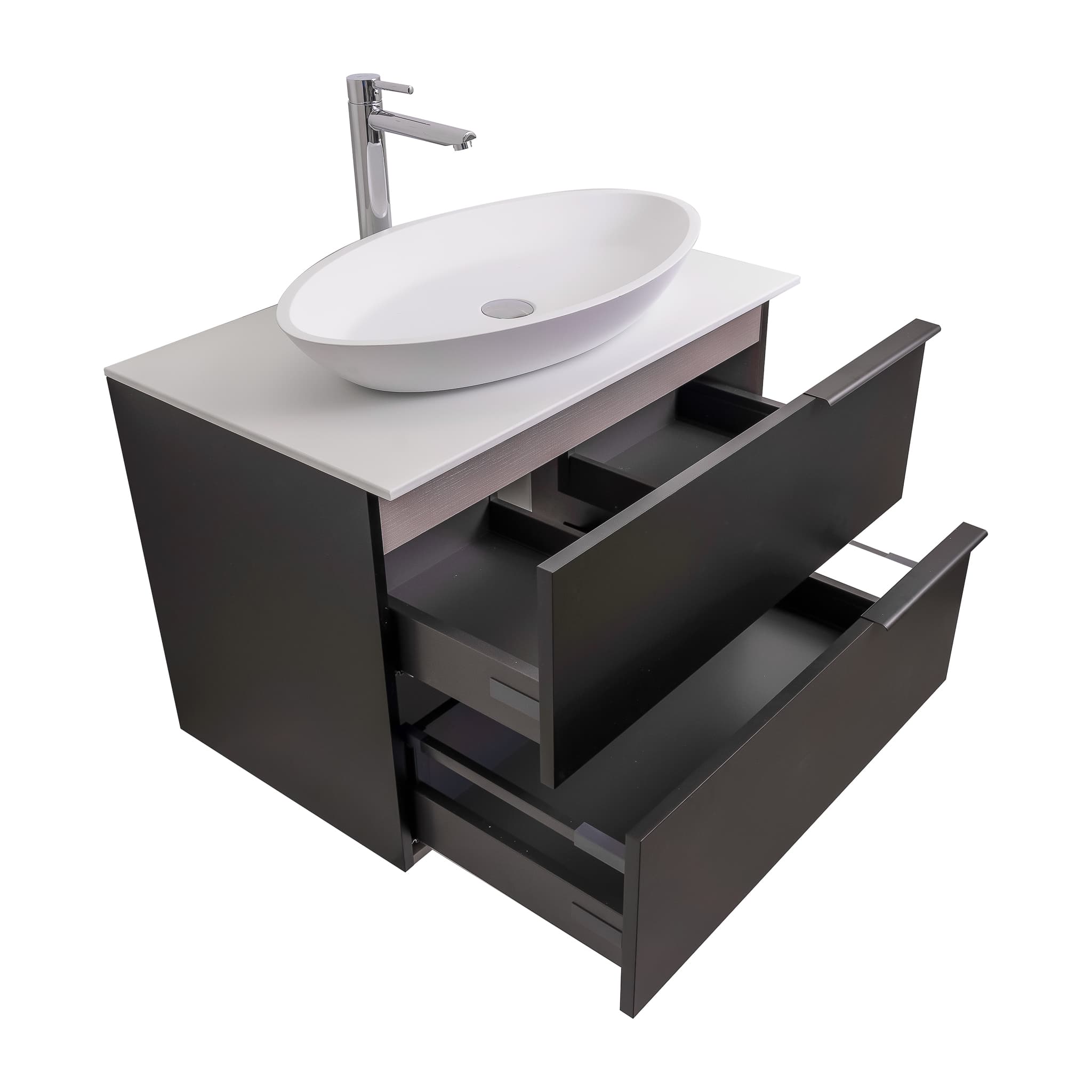 Mallorca 39.5 Matte Black Cabinet, Solid Surface Flat White Counter And Oval Solid Surface White Basin 1305, Wall Mounted Modern Vanity Set