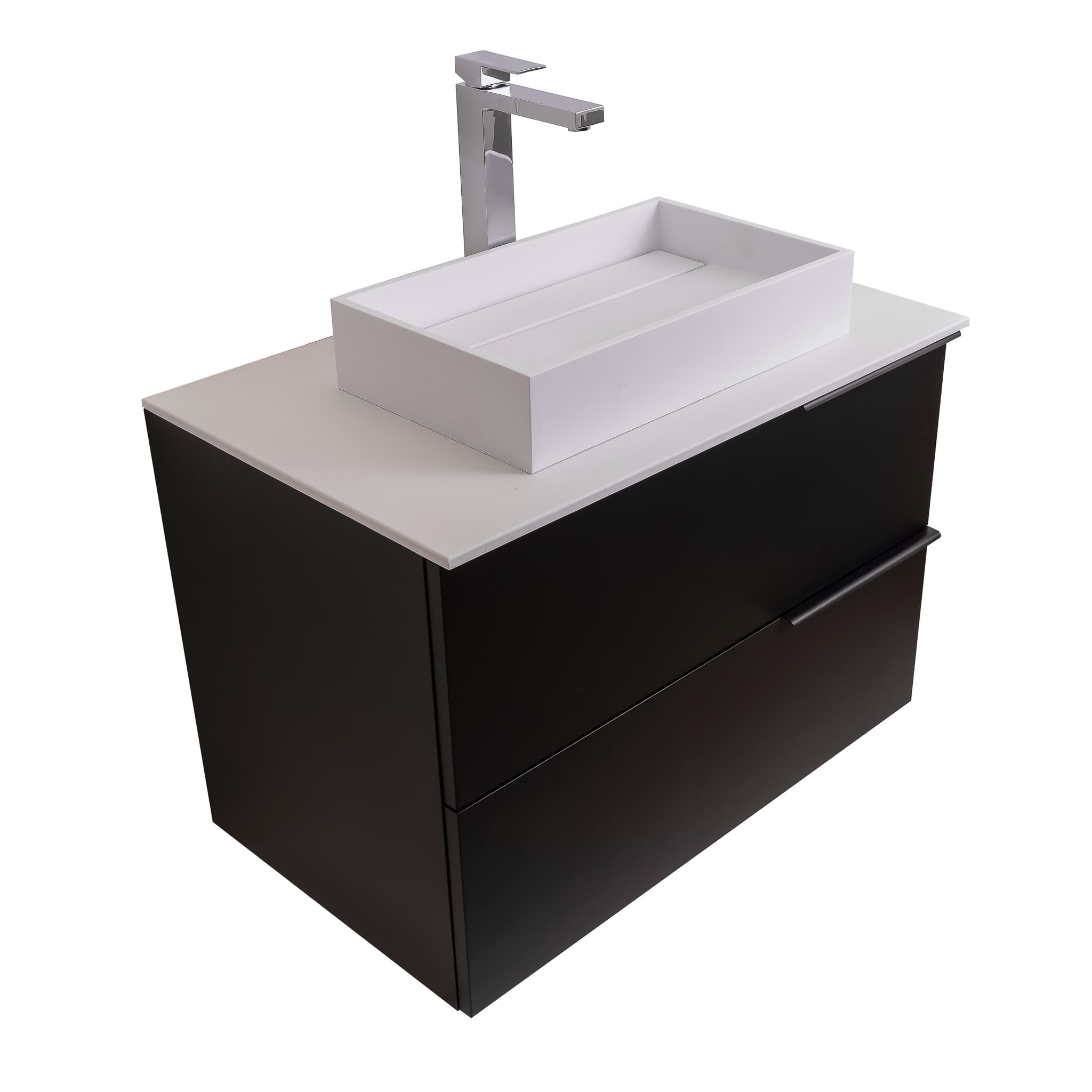 Mallorca 39.5 Matte Black Cabinet, Solid Surface Flat White Counter And Infinity Square Solid Surface White Basin 1329, Wall Mounted Modern Vanity Set