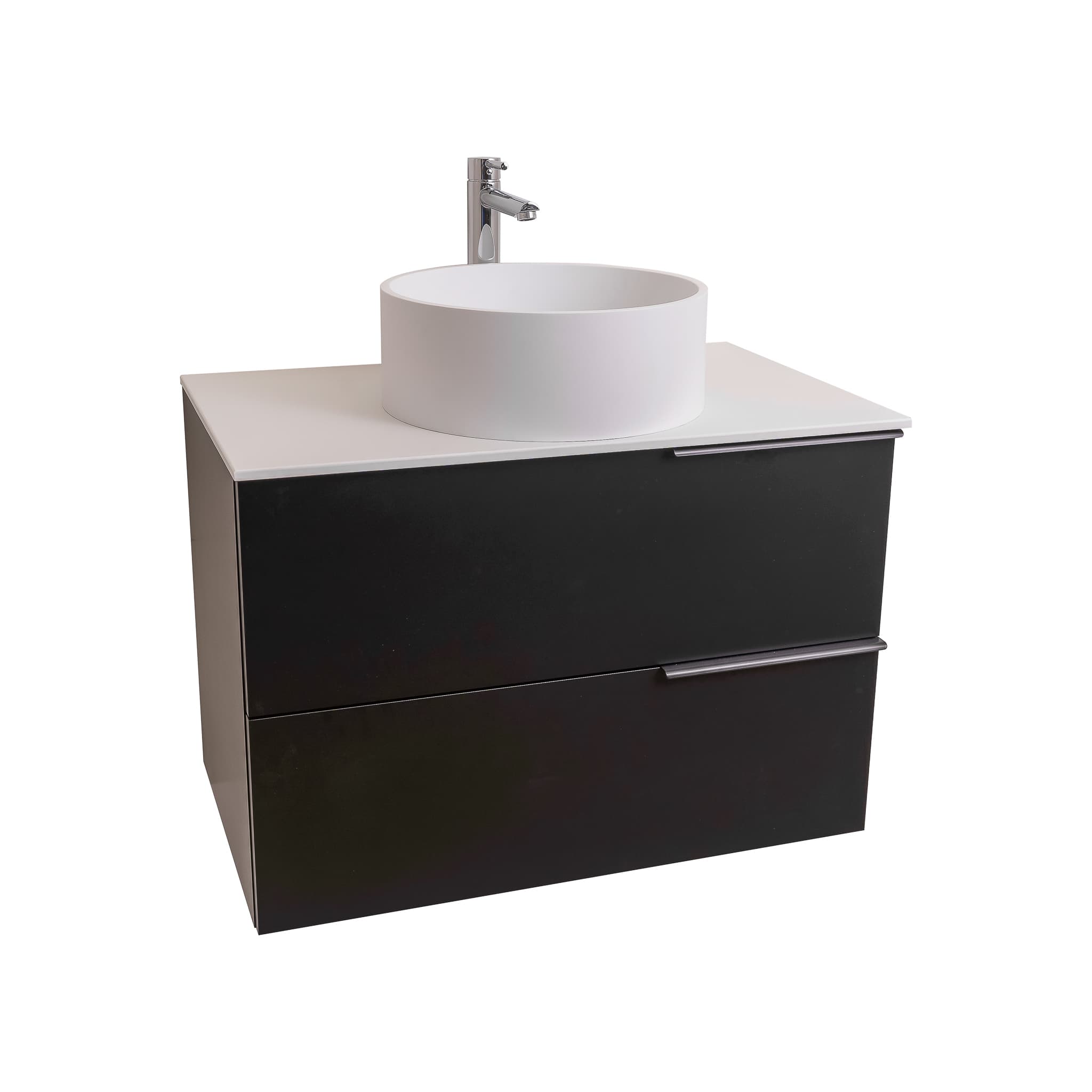 Mallorca 39.5 Matte Black Cabinet, Solid Surface Flat White Counter And Round Solid Surface White Basin 1386, Wall Mounted Modern Vanity Set