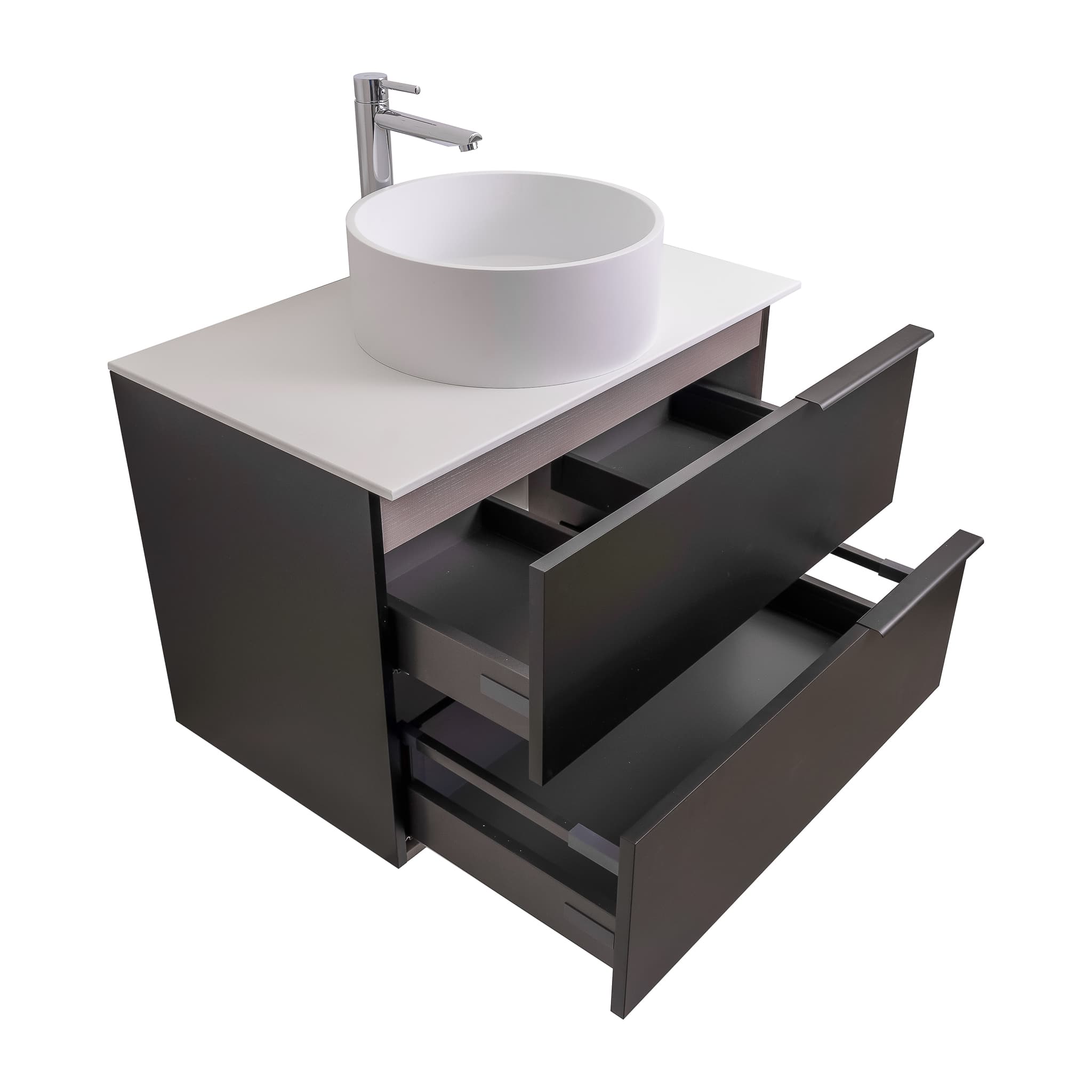 Mallorca 39.5 Matte Black Cabinet, Solid Surface Flat White Counter And Round Solid Surface White Basin 1386, Wall Mounted Modern Vanity Set