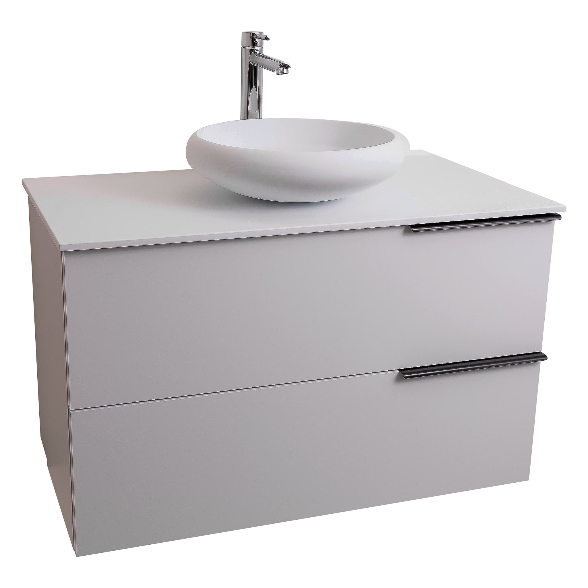 Mallorca 39.5 Matte White Cabinet, Solid Surface Flat White Counter And Round Solid Surface White Basin 1153, Wall Mounted Modern Vanity Set