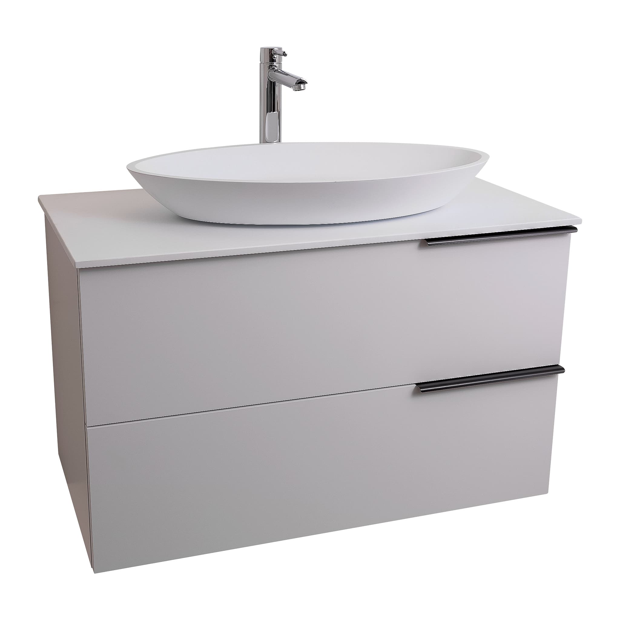 Mallorca 39.5 Matte White Cabinet, Solid Surface Flat White Counter And Oval Solid Surface White Basin 1305, Wall Mounted Modern Vanity Set Bath Trends USA