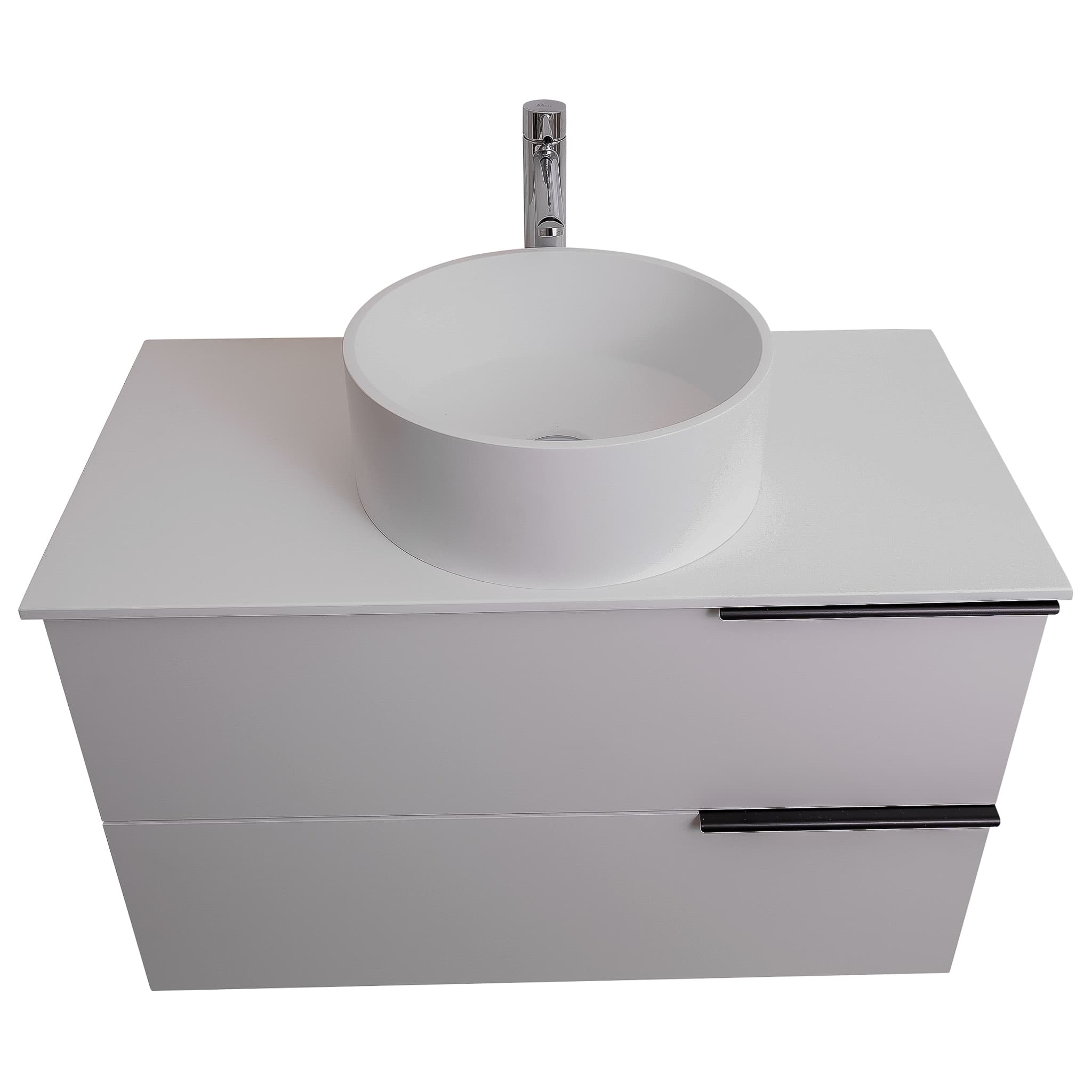 Mallorca 39.5 Matte White Cabinet, Solid Surface Flat White Counter And Round Solid Surface White Basin 1386, Wall Mounted Modern Vanity Set