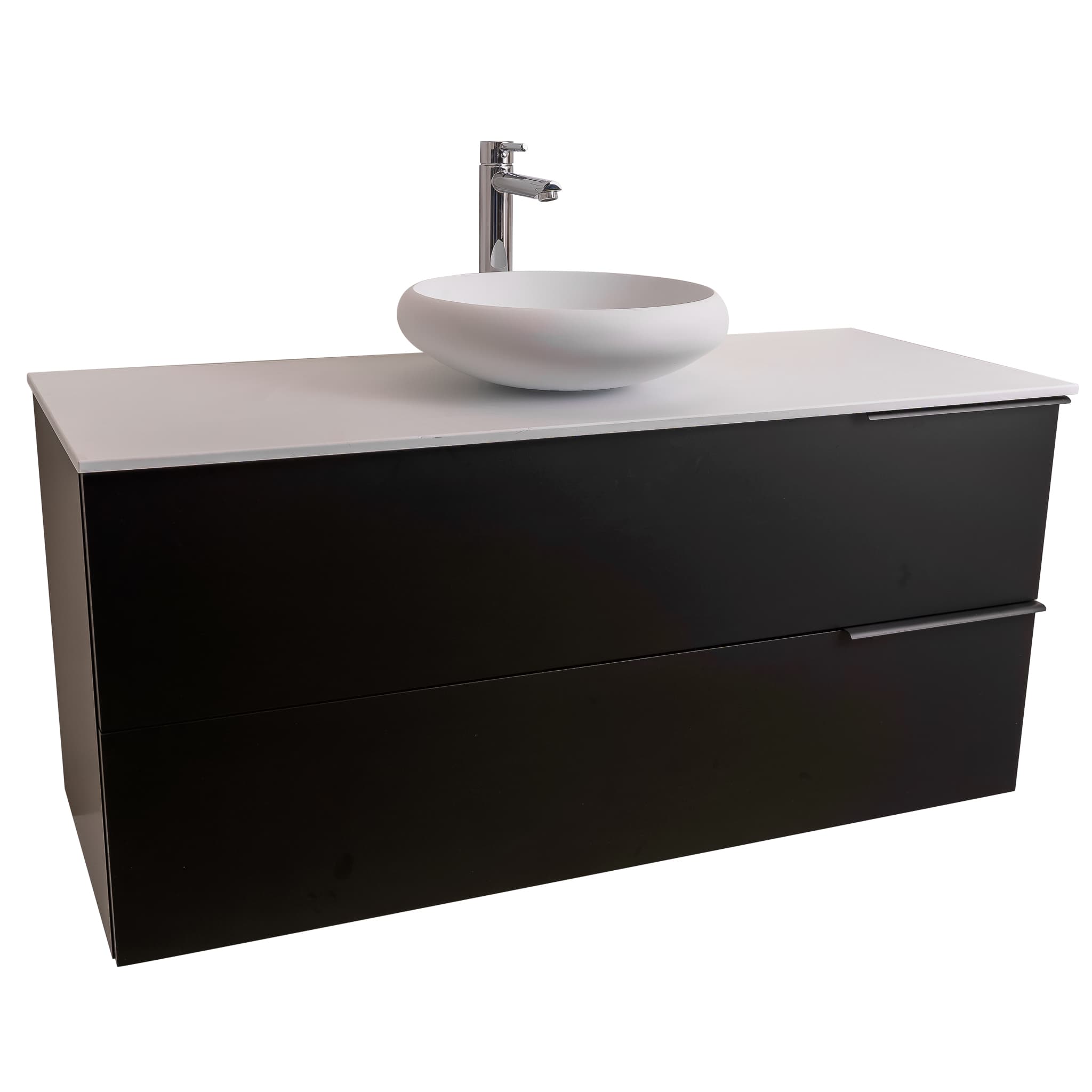 Mallorca 47.5 Matte Black Cabinet, Solid Surface Flat White Counter And Round Solid Surface White Basin 1153, Wall Mounted Modern Vanity Set Bath Trends USA