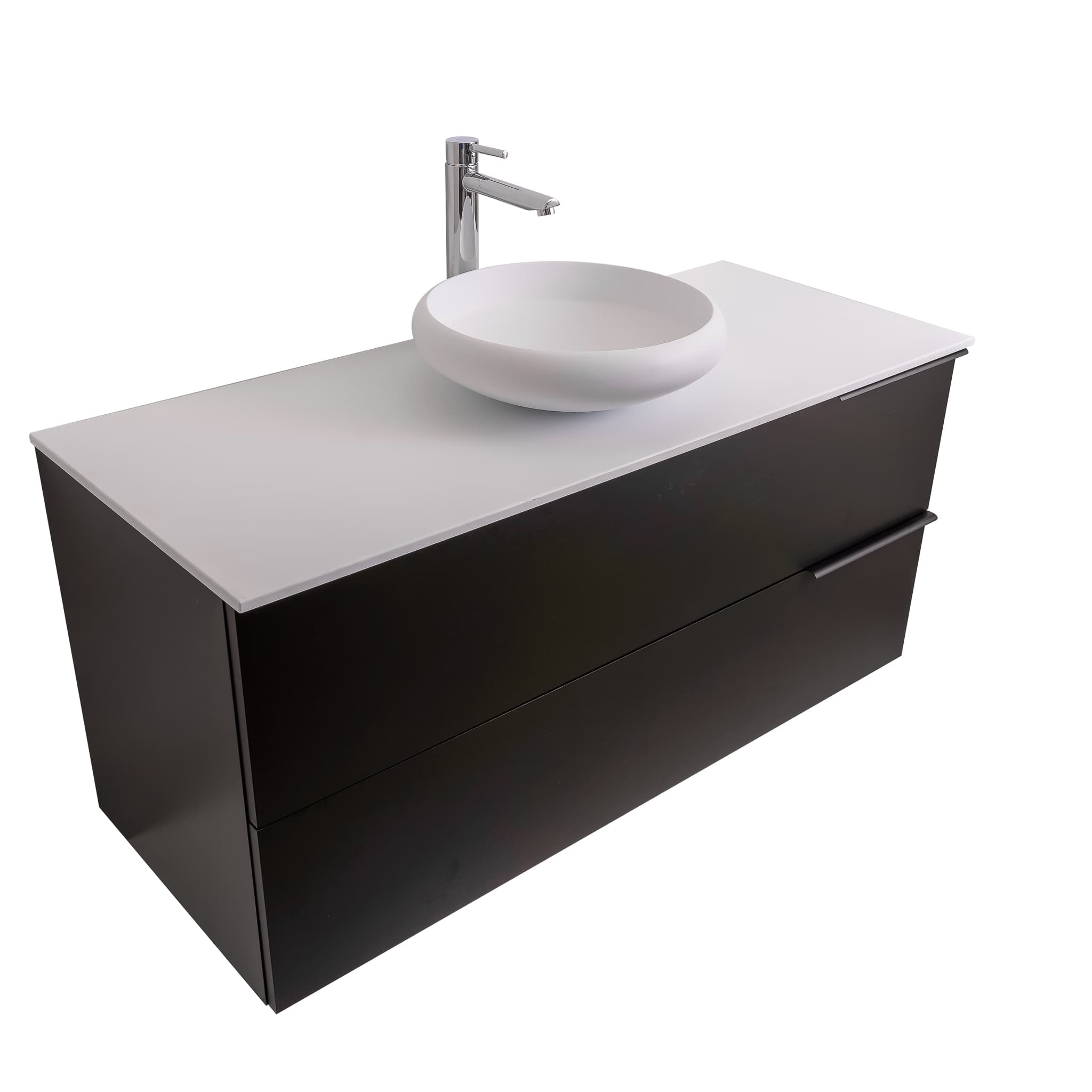Mallorca 47.5 Matte Black Cabinet, Solid Surface Flat White Counter And Round Solid Surface White Basin 1153, Wall Mounted Modern Vanity Set