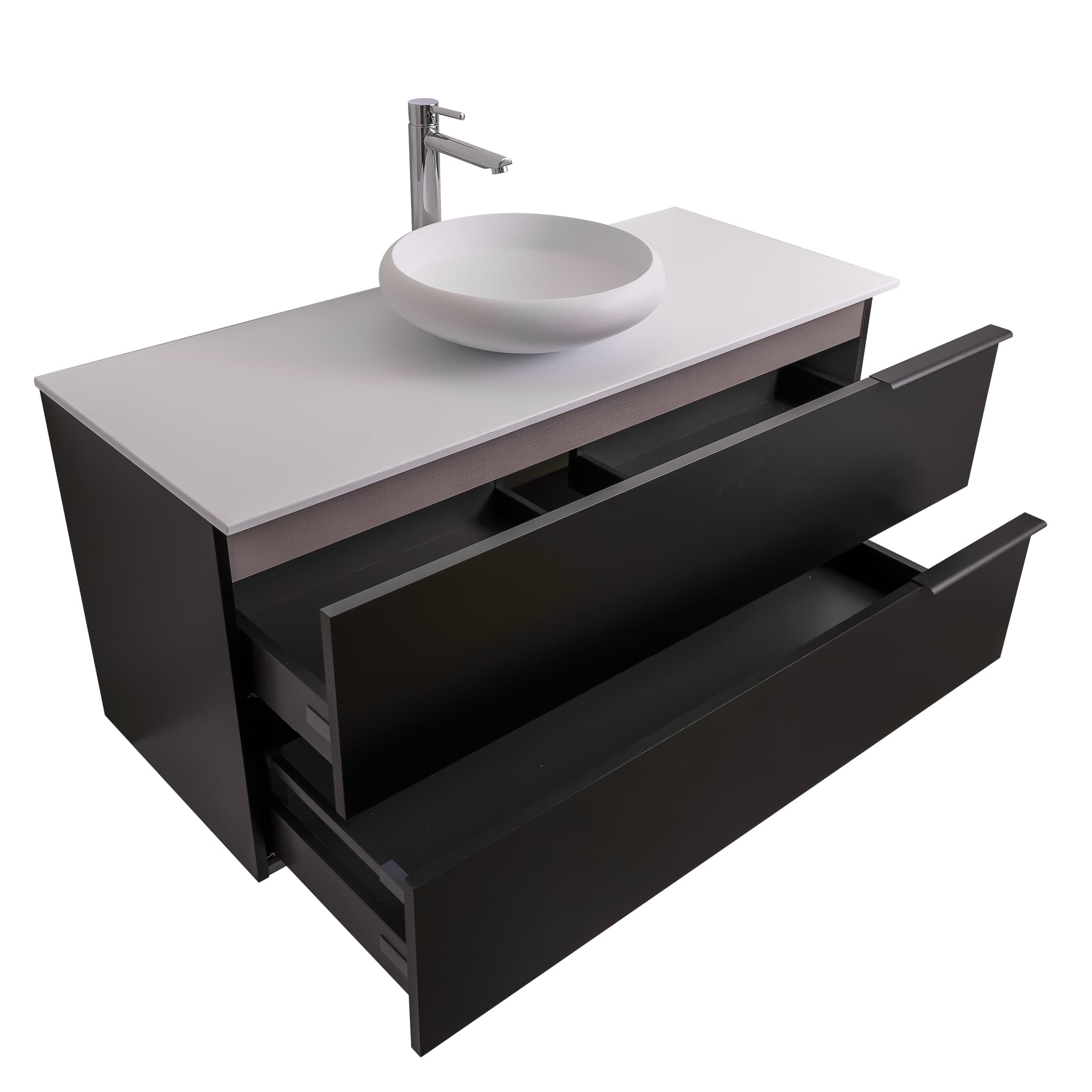 Mallorca 47.5 Matte Black Cabinet, Solid Surface Flat White Counter And Round Solid Surface White Basin 1153, Wall Mounted Modern Vanity Set