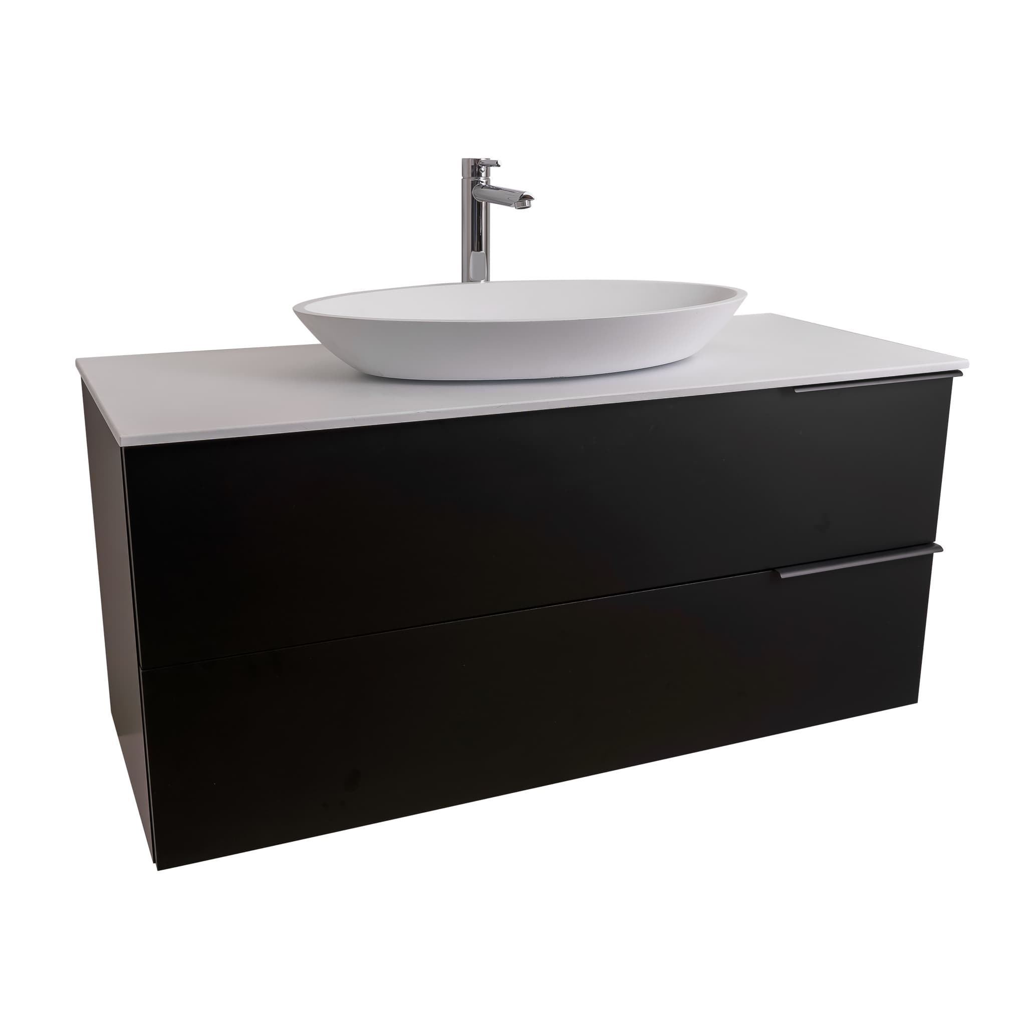 Mallorca 47.5 Matte Black Cabinet, Solid Surface Flat White Counter And Oval Solid Surface White Basin 1305, Wall Mounted Modern Vanity Set Bath Trends USA