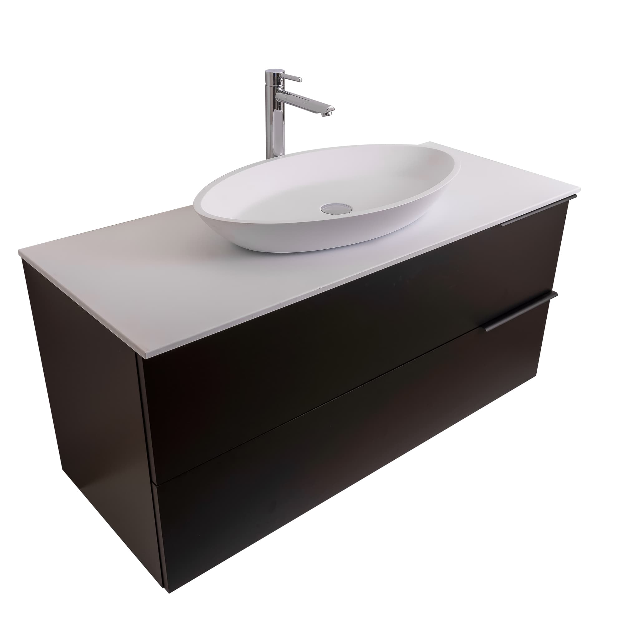 Mallorca 47.5 Matte Black Cabinet, Solid Surface Flat White Counter And Oval Solid Surface White Basin 1305, Wall Mounted Modern Vanity Set
