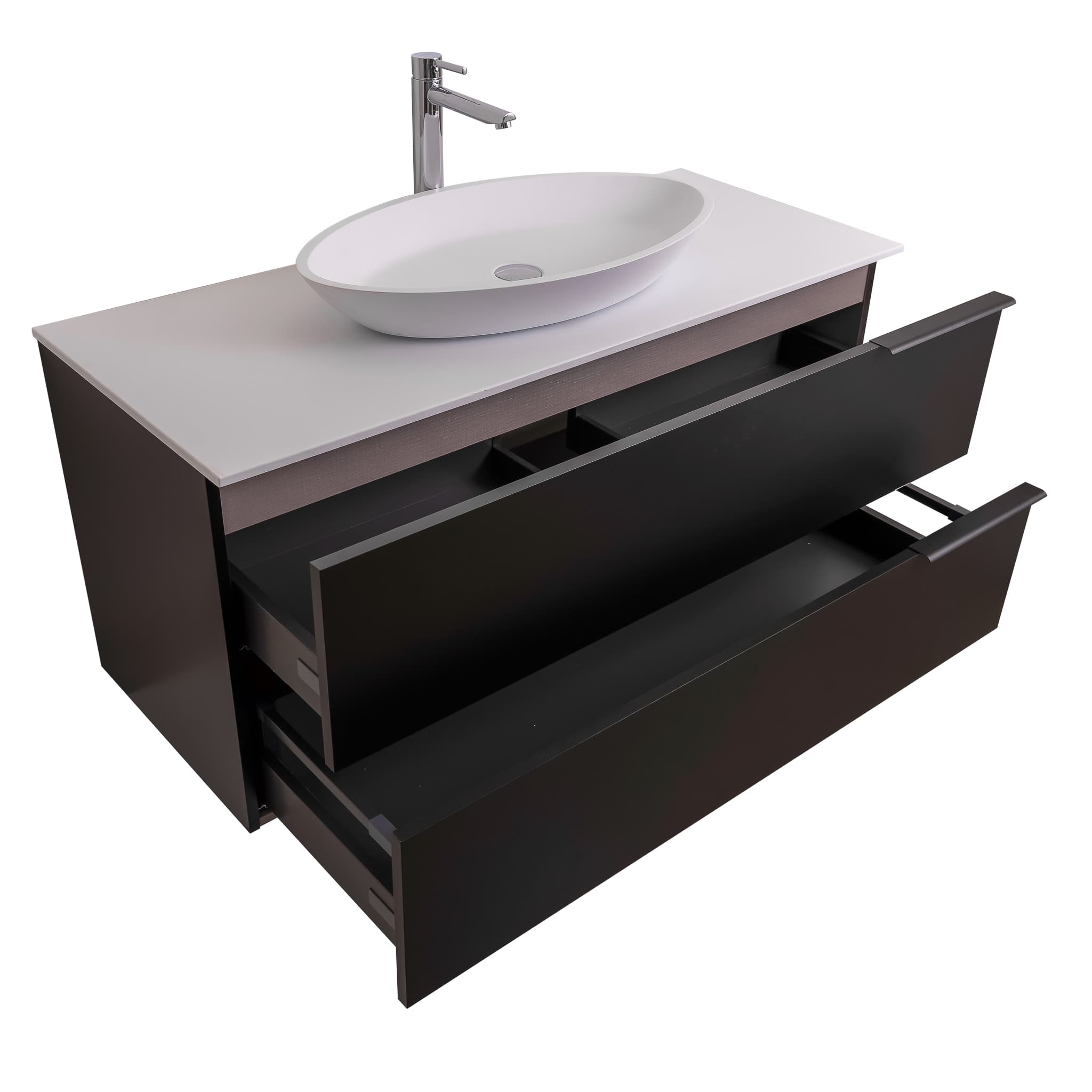 Mallorca 47.5 Matte Black Cabinet, Solid Surface Flat White Counter And Oval Solid Surface White Basin 1305, Wall Mounted Modern Vanity Set