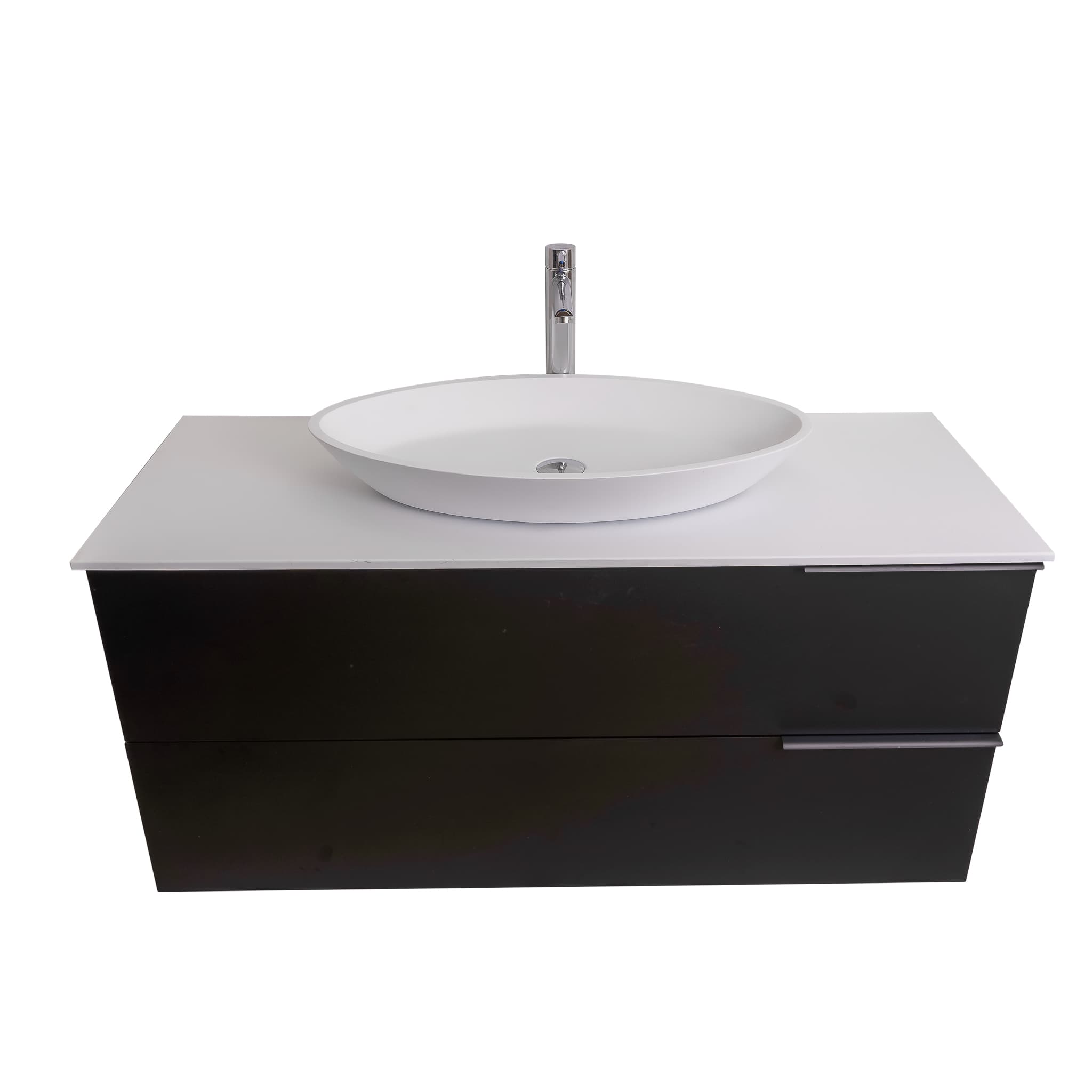 Mallorca 47.5 Matte Black Cabinet, Solid Surface Flat White Counter And Oval Solid Surface White Basin 1305, Wall Mounted Modern Vanity Set