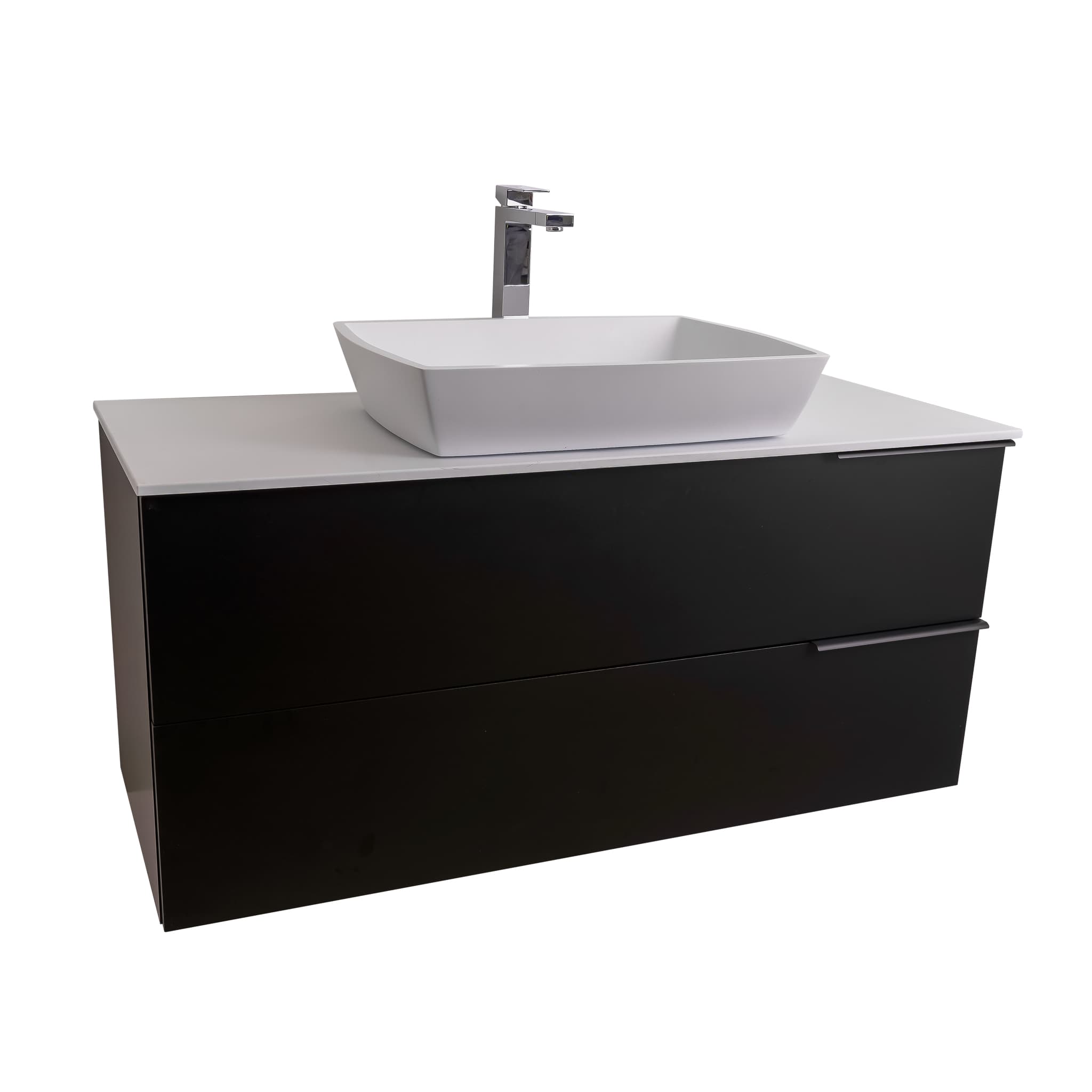 Mallorca 47.5 Matte Black Cabinet, Solid Surface Flat White Counter And Square Solid Surface White Basin 1316, Wall Mounted Modern Vanity Set Bath Trends USA